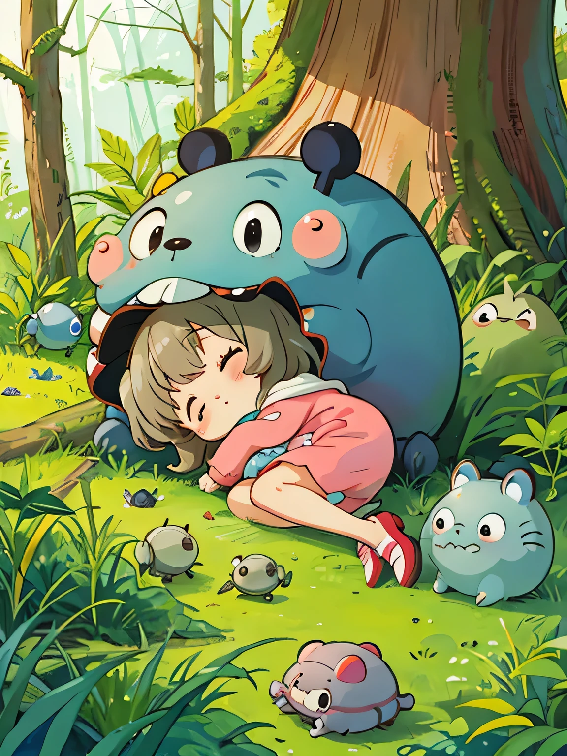 hayao miyazaki style, Kawaii Design, The most beautiful girl of all time、Chibi, Cute and colorful pillbugs、Taking a nap、Lots of pillbugs、Totoro Forest