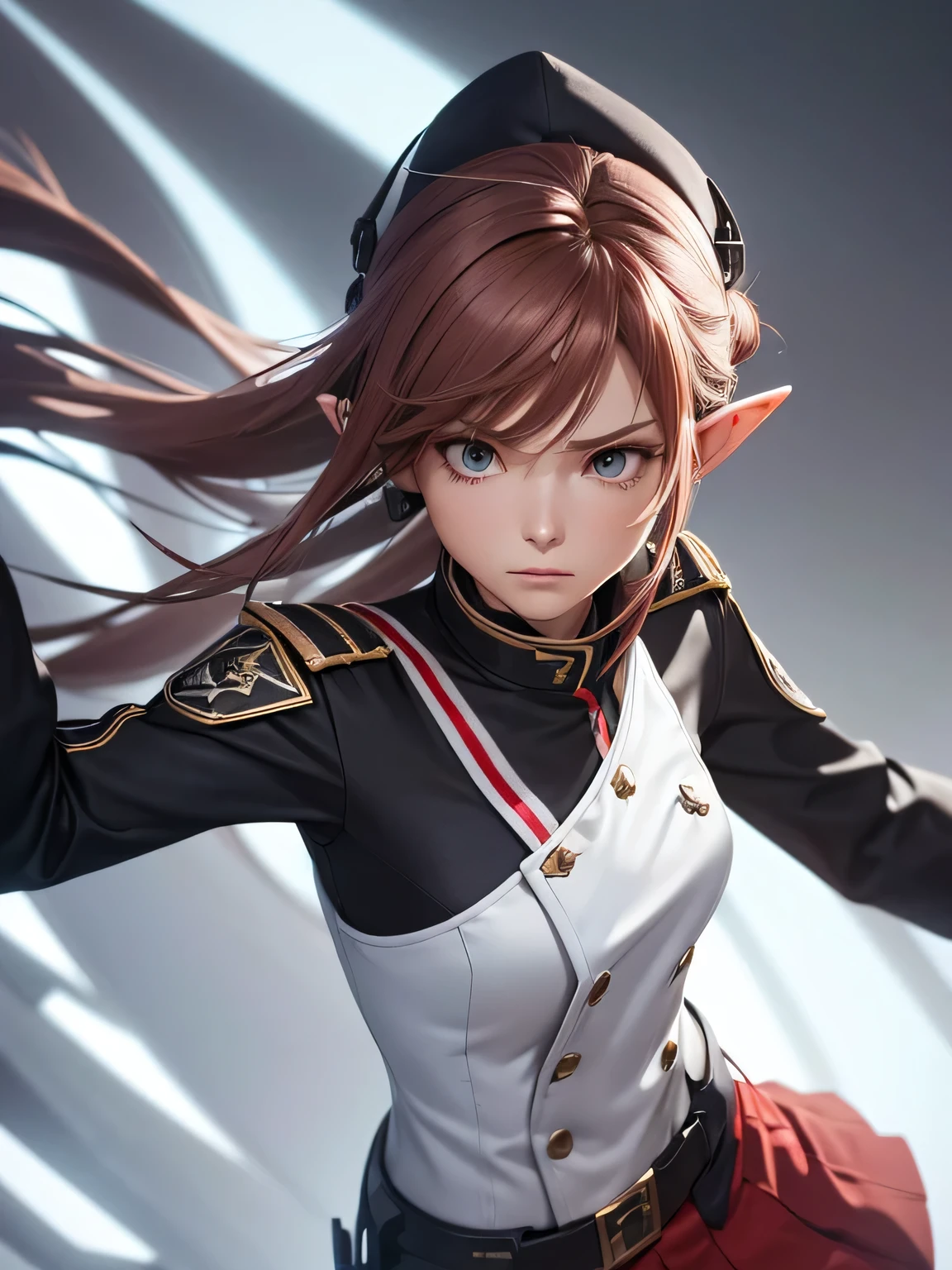 highly detailed 3D rendering of a character named Ulc from SEGA's PSO2. elf-like female with pointed ears, (small gray woman's Garrison cap), (long straight dark red hair), (gray futuristic military-style uniform, including a fitted jacket with intricate white designs, shoulder epaulets, and a skirt), (annoyed, stupefied), (one hand near her ear as if she is communicating through a device), looking away