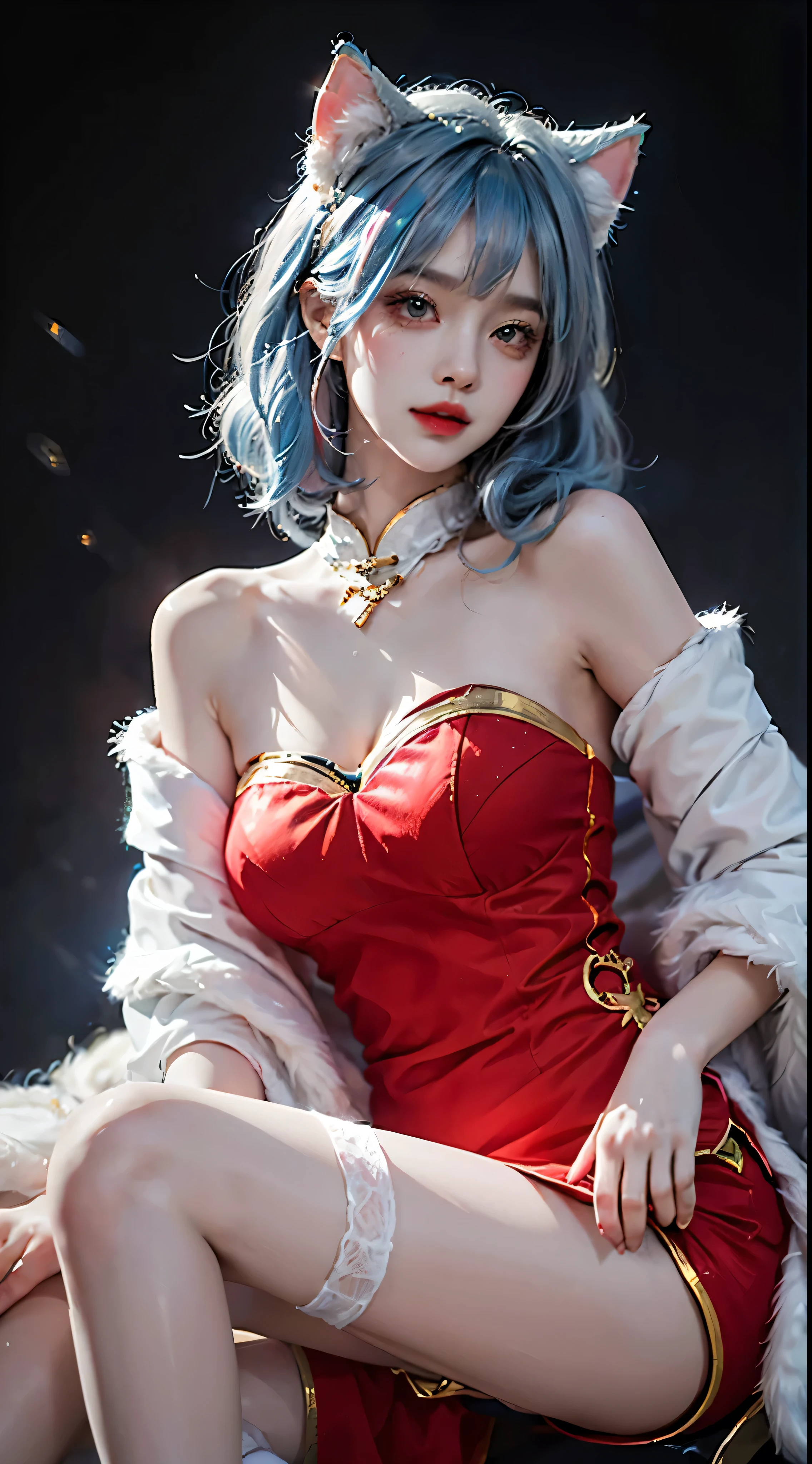 cheshire cosplay costume, cosplay, dress, chinese clothes, thighhighs, fur capelet, cat ears, hair ornament, red high heels,  ((Knee Shooting)),（masterpiece、best quality、high resolution），（Colorful background，（splash of color）），sweet girl，Light blue and white medium length hair，[light blue|pink]hair，curls，sparkling，Red pink lips，The cracks are relatively large，splash of color，Volumetric lighting，A plump chest, elegant gesture, Sexy slender legs