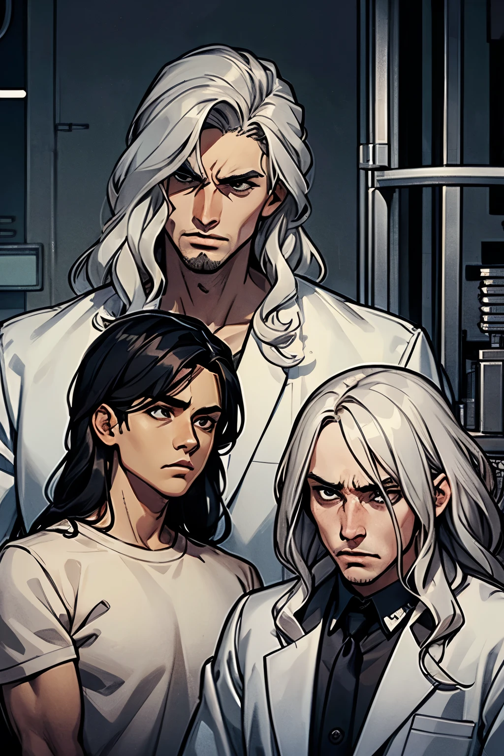 a young man with medium wavy hair wearing prison clothes, and another man with long straight gray hair in laboratory clothes, both with threatening expressions 