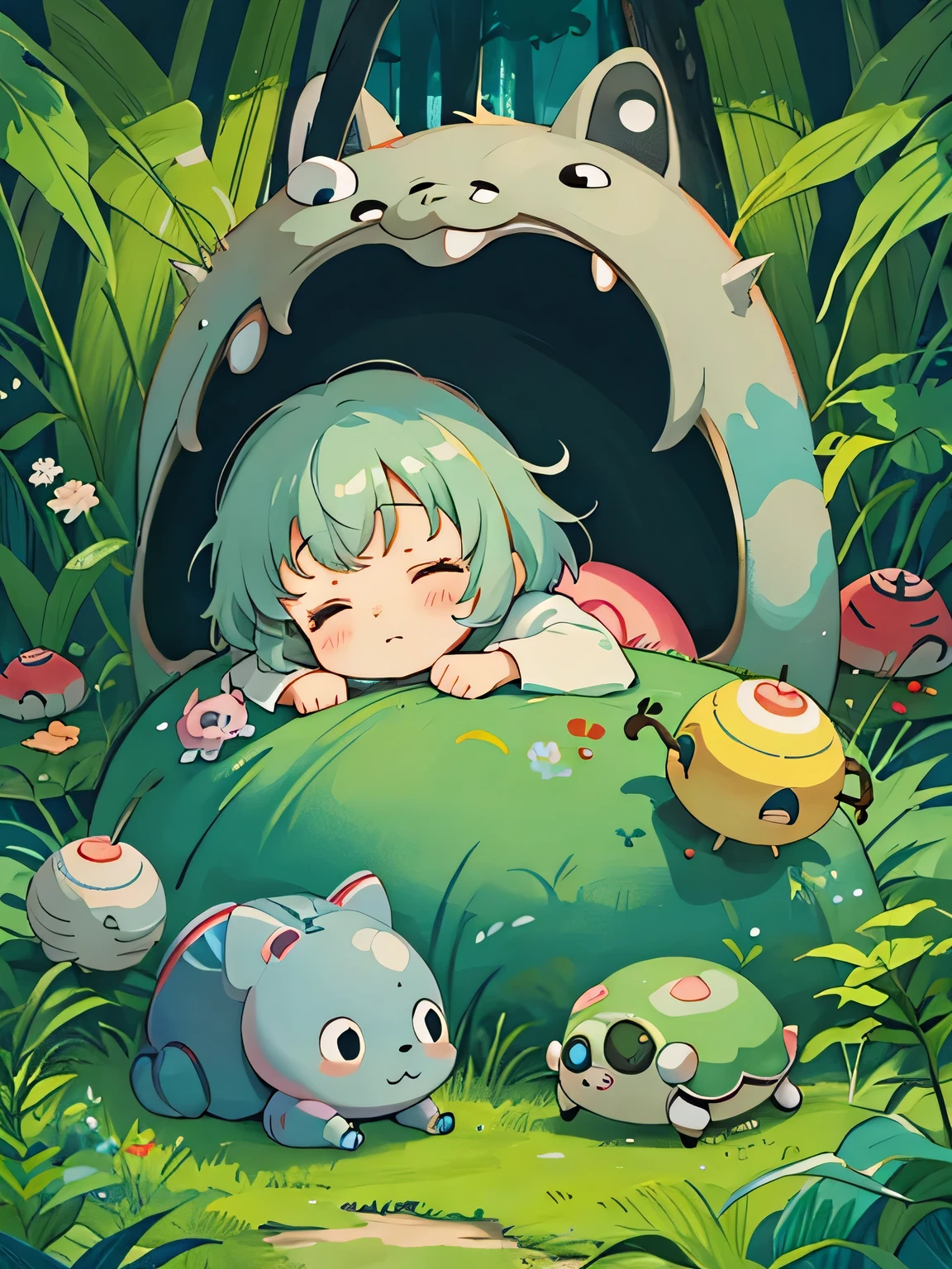 hayao miyazaki style, Kawaii Design, The most beautiful girl of all time、Chibi, Cute and colorful pillbugs、Taking a nap、Lots of pillbugs、Totoro Forest