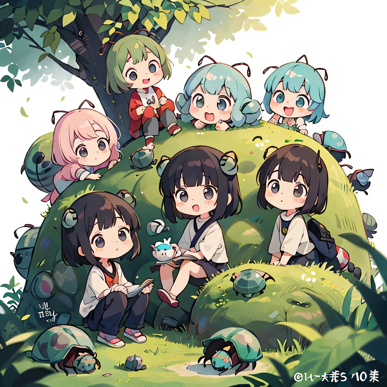 hayao miyazaki style, Kawaii Design, (((10 people)))、most beautiful girl ever、Chibi, Colorful bob hair、((Lots of friends))、(((Cute pillbug)))、Totoro Forest