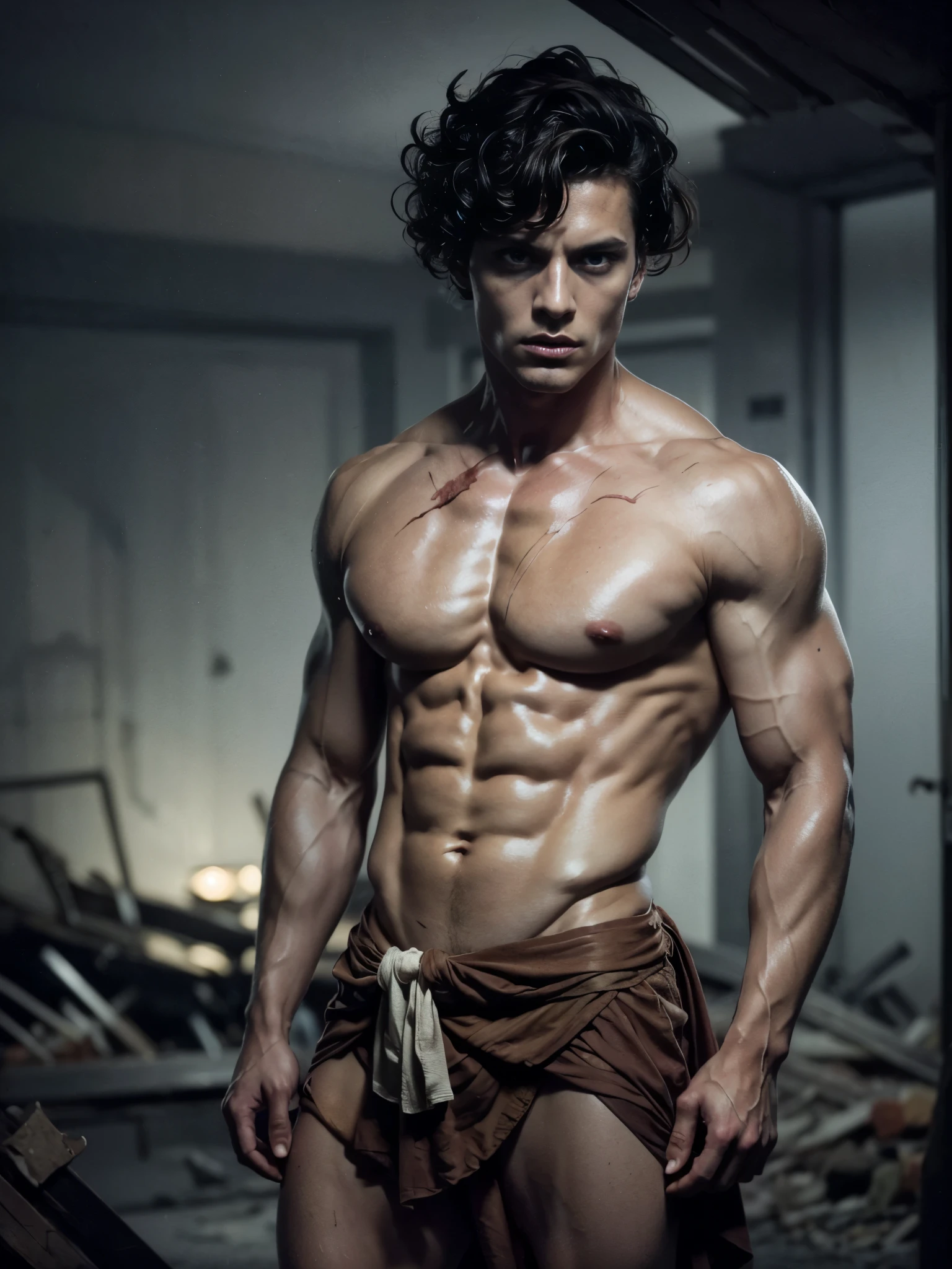 Photorealistic, ((best quality)), ((masterpiece)), (detailed), rotungwoka person, masculine portrait of young modelas as a zombie, 18-year-old male models, rotten skin, (rotten zombie:1.2), (pale skin:1.8) sexy zombie, handsome, tall, cute looking, evil look, dark look, powerful, young male, handsome model, clean shave, blue eyes. (short curly messy brown hair:1.2), messy curly hair, super strong, muscular, fit, massive muscles, six pack, hairless chest, shirtless, pantless, shirtless, barechested, chest exposed, upper-body exposed, muscle, ripped, strong body, fit body, barelegged, barefoot, ripped small skirt, ripped draped skirt, ruins of a city, (destroyed city:1.7), dark clouds, 8k, high detailed, ultra-detailed, Stylish Pose, real skin texture, (dark cinematic lighting:1.4), night, dark night,