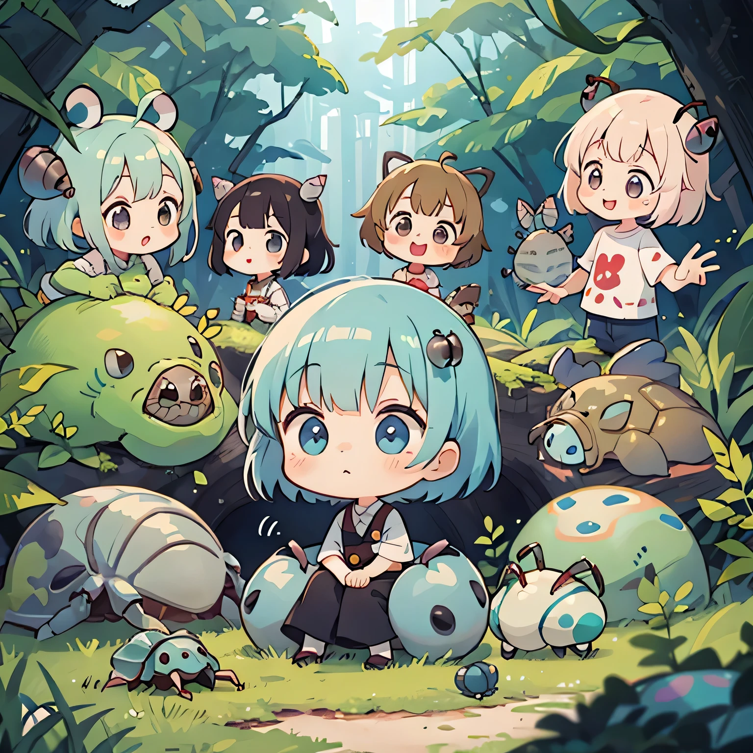 hayao miyazaki style, Kawaii Design, (((10 people)))、most beautiful girl ever、Chibi, Colorful bob hair、((Lots of friends))、(((Cute pillbug)))、Totoro Forest