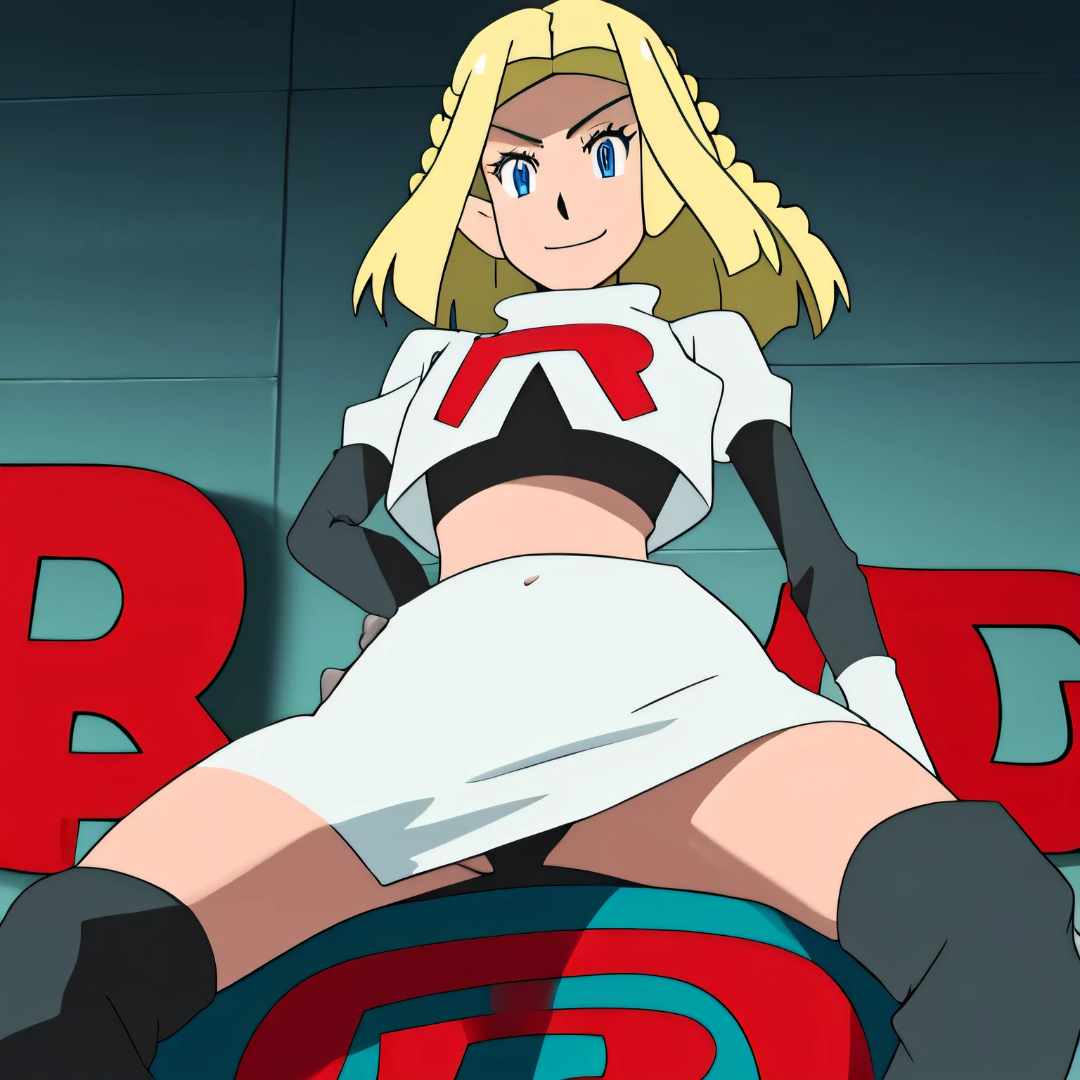 zelda, crown braid,short hair,blonde hair,masterpiece,best quality,high res,high quality,8k, masterpiece,highres, team rocket uniform, red letter r, white skirt,white crop top,black thigh-high boots, black elbow gloves, sadistic smile, looking down at viewer, hands on hips, cowboy shot, zettai ryouiki,sitting on toilet.spread legs,from below, black panties,detailed facial features, highly detailed, 8k, photorealistic, vibrant colors, dramatic lighting, cinematic composition,
