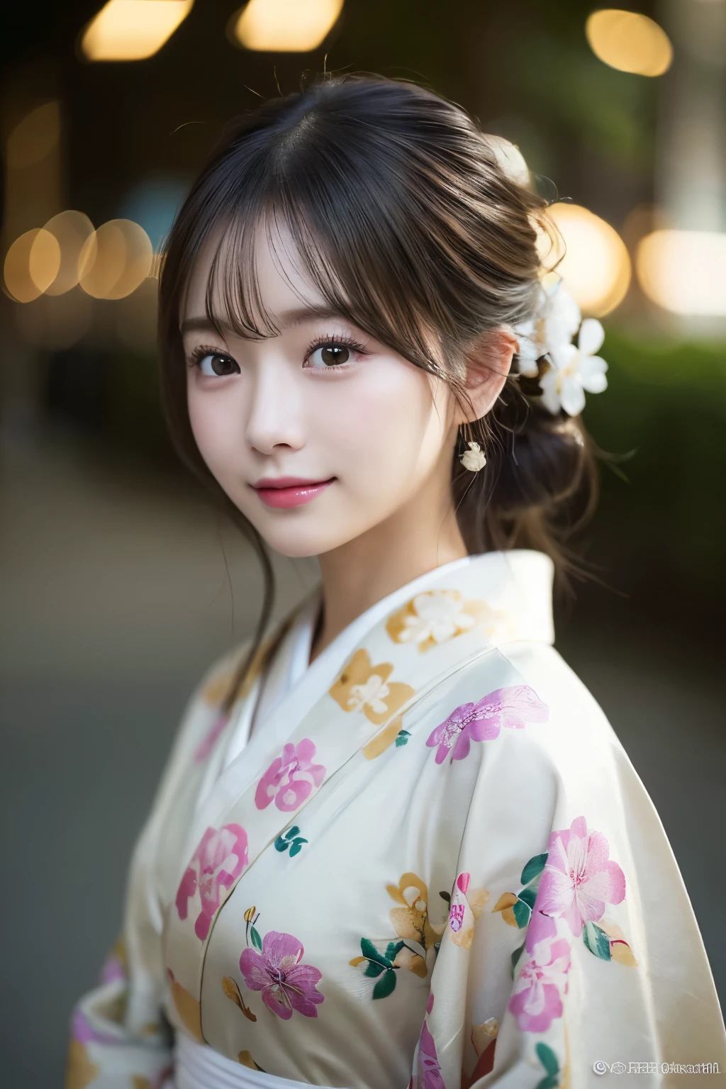 （kimono）、(highest quality、8k、High resolution、masterpiece:1.2)、Very detailed、(Realistic、photoRealistic、photo-Realistic:1.3)、Bokeh、Portraiture、No makeup、smile、(Beautiful and detailed)、Young face、Detailed face、Depth of written boundary、chromatic aberration、Use natural light and color、Wide range of lighting、Natural Shading