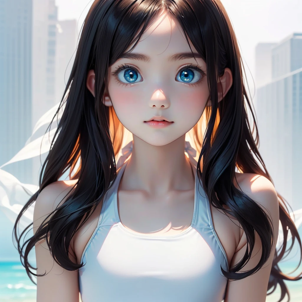 (((masterpiece))),((highest quality)),One beautiful girl,Short Hair,(Long Hair:1.5),(((Big eyes))),15 years old,(Symmetrical eyes:1.3), (Get closer to the face, Zoom in on face:1.0),((Face close-up)),(White swimsuit, bikini:1.5),Body facing forward, Beautiful digital artwork, Beautiful fantasy art,(The background is plain:1.5),