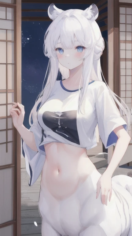 (best quality, masterpiece), 1 girl, centaur, It takes, White skin, Japanese , exposing the abdomen,belly button t-shirt, 아름다운 소녀 perfect white tiger photo, perfect white tiger photo