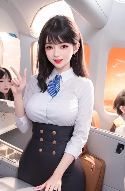 1 lady standing, stewardess, (aerial uniform), Become a, /(Black Hair/) Bangs, Blushing happy smiling,  (Masterpiece Best Quality:1.2) Extremely detailed, Big BreastsBREAK /(airplane seat/) indoors