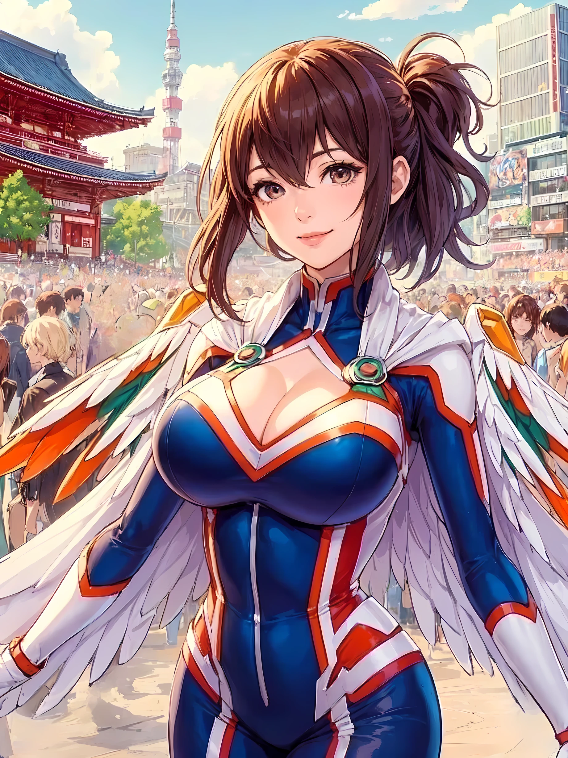 1lady standing, cosplayer, stylish, belt, (mature female:0.9), /(brown hair/) bangs, kind smile, (masterpiece best quality:1.2) delicate illustration ultra-detailed, large breasts BREAK (anime-related event) outdoors, (outdoor venue), square, crowded, audience, noon, detailed background