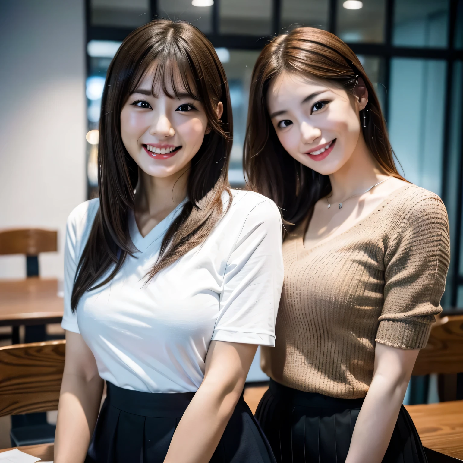(In 8K, RAW Photos, 超A high resolution, highest quality, Tabletop:1.2), (Realistic illustrations), (Highly detailed CG Unity 8k wallpaper), Absurd, Two Girls, 18, Beautiful Face,Big Breasts, Black medium hair, smile, Tilt your head, Grin, Upper Body, Skirt, V-neck short sleeve knit, indoor, Upper Body, AKB48 Idol,