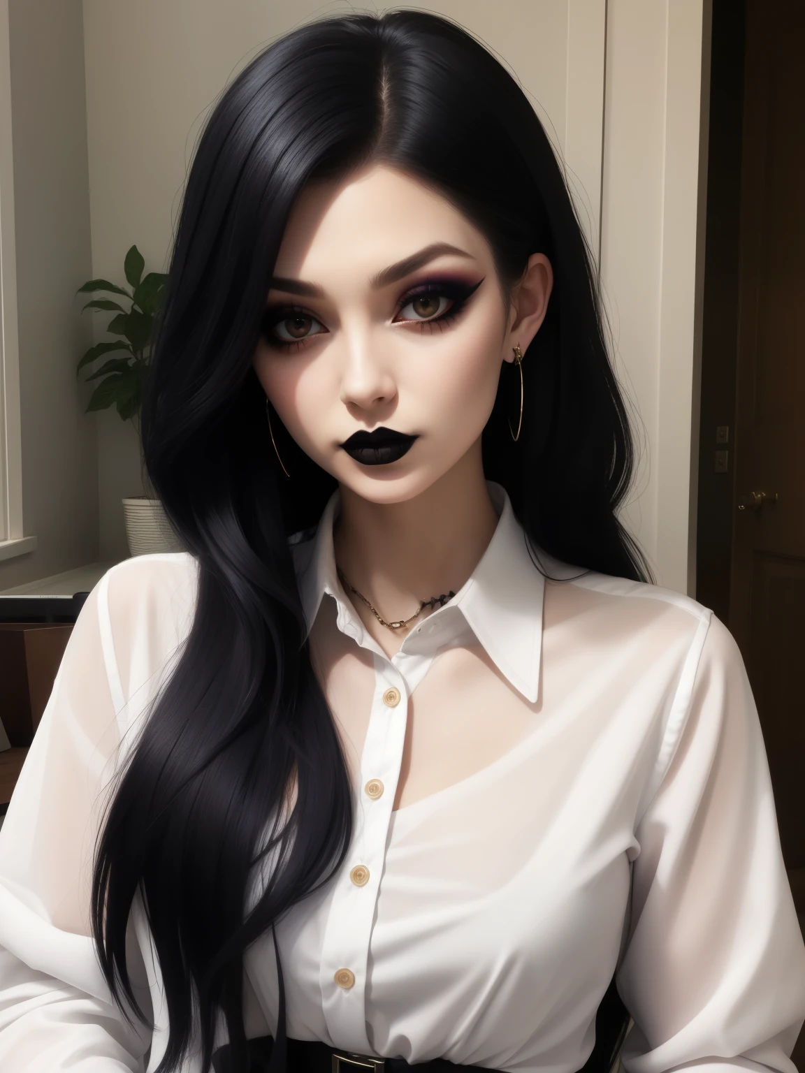 1girl, goth, goth makeup, white shirt, collared shirt, indoors
