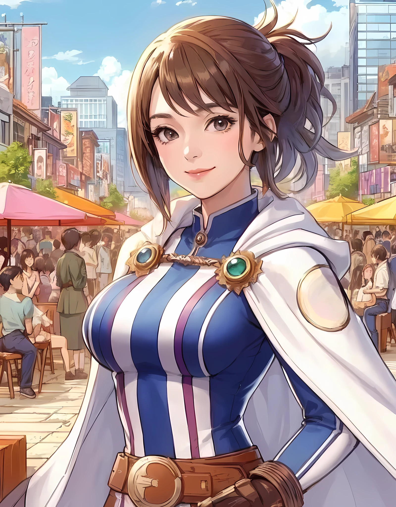 1lady standing, cosplayer, stylish, belt, (mature female:0.9), /(light brown hair/) bangs, kind smile, (masterpiece best quality:1.2) delicate illustration ultra-detailed, large breasts BREAK (anime-related event) outdoors, (outdoor venue), square, crowded, audience, noon, detailed background