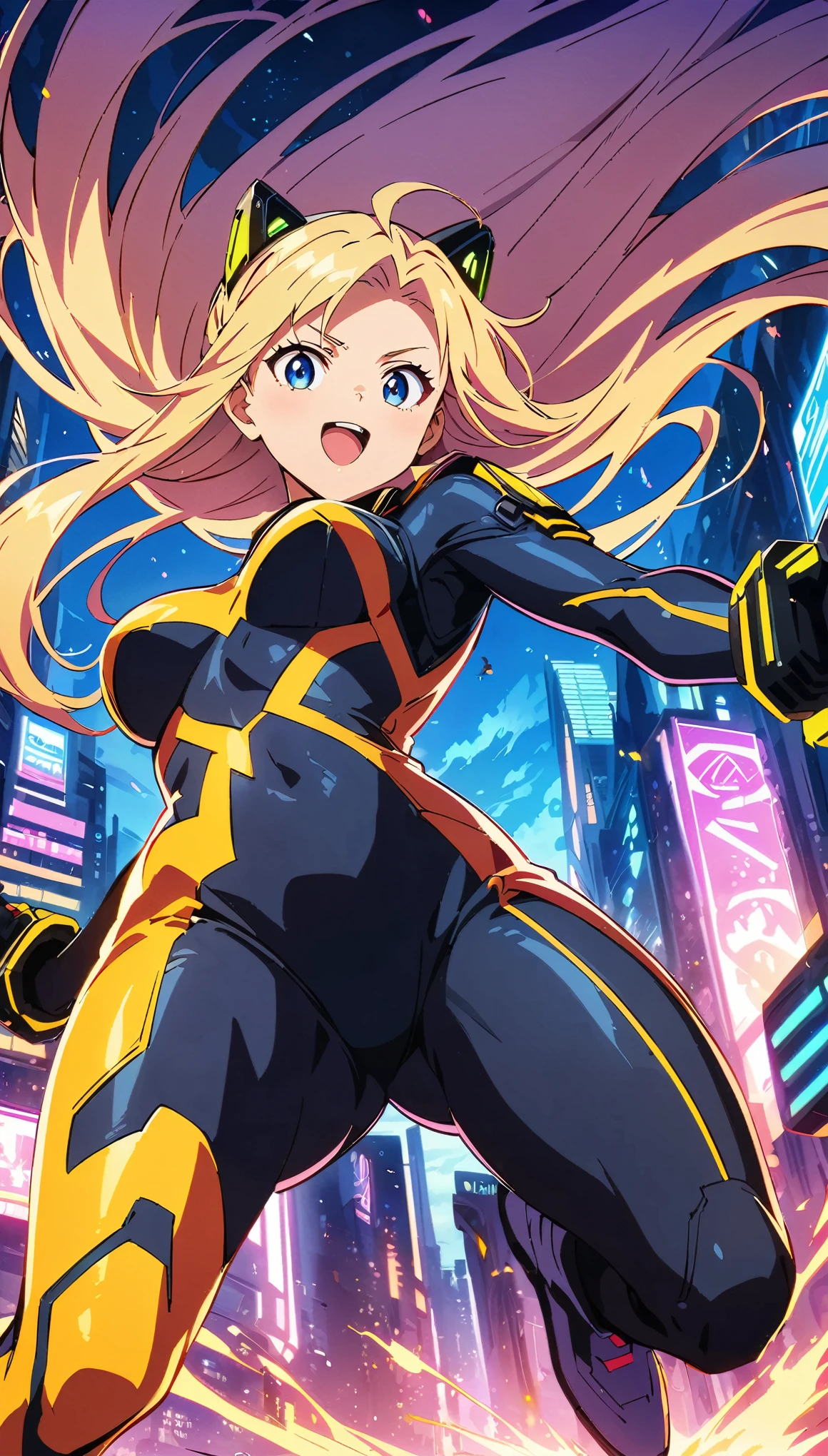 Masterpiece, high quality, golden mask, blonde long hair in golden costume, blue-eyed ninja girl, dynamic angle, dynamic pose, neon street