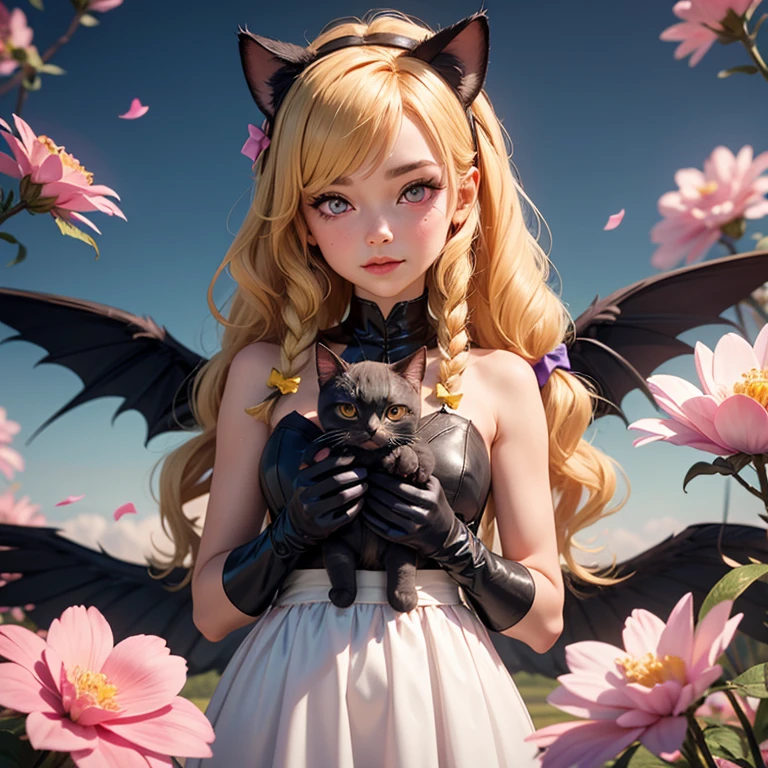 1girl, naked, animal ears, purple eyes, yellow hair, wings, solo, long hair, blush, cat ears, flowers, looking at viewer, braids, bows, dresses, pink flowers, bows, hair accessories, bangs, cats, hair flower, animal ear hair, holding, virtual youtuber, blue bow, holding animal, catwoman, stuffed toy