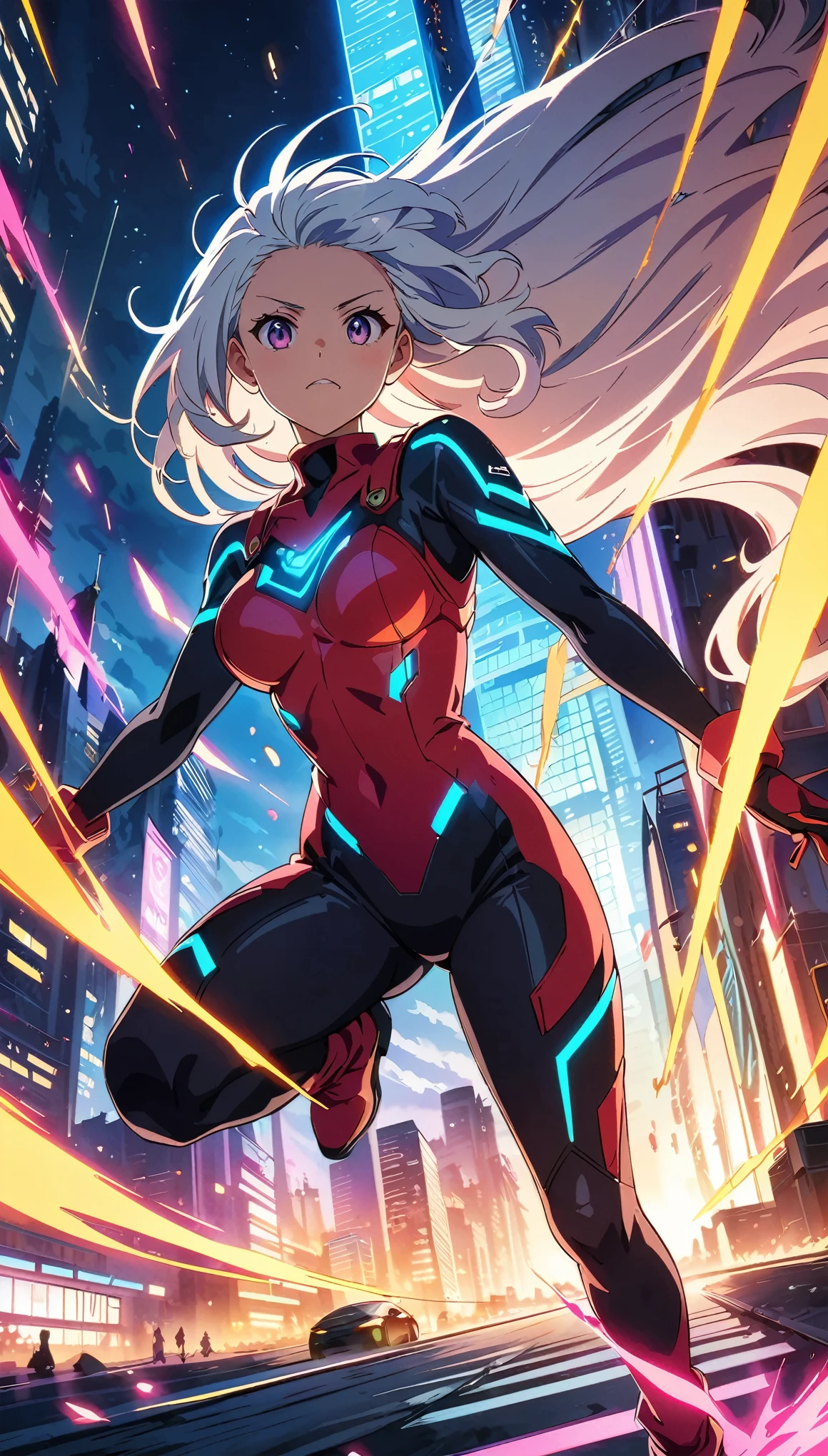 (Anime artwork, Anime Style, Studio Anime, Very detailed, Latest, Vibrant, Anime Coloring, High Contrast, masterpiece:1.2, highest quality, Best aesthetics), Anime girl in cyber bodysuit and goggles standing in front of a building, ((Digital Cyberpunk - Anime Art)), Cyber , Cyberpunk anime art, Portraiture:Anime Space Cadet, Jumping, long flowing hair, Eyes of Determination, Powerful strokes, Excited state, Detailed Weapons, strength, Impact, Energy Effects, Cool action scenes, Effect Light, 