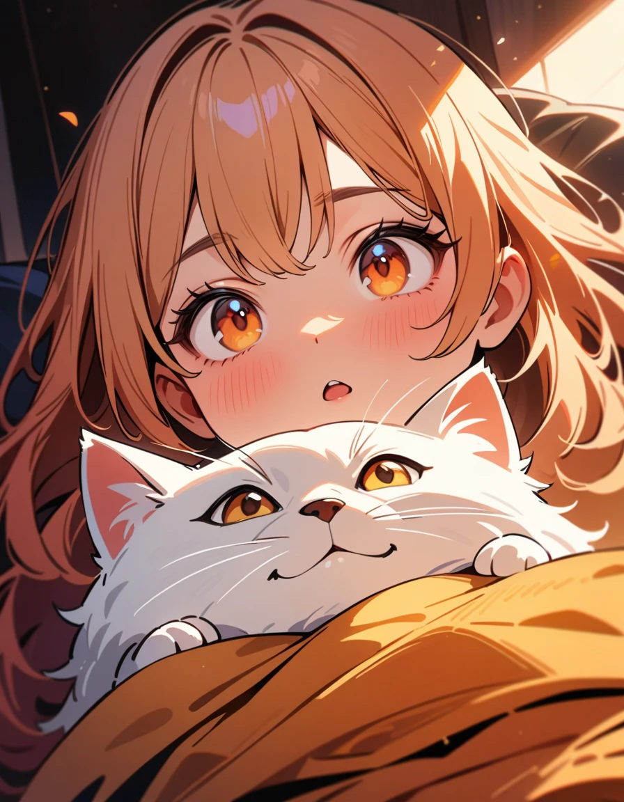masterpiece, best quality, very aesthetic, absurdres, newest,a close-up of a cat lying on top of a girl's head, beautiful detailed eyes, beautiful detailed nose, beautiful detailed mouth, extremely detailed fur, soft and fluffy, adorable, playful, curious expression, girl with long hair, girl looking up at the cat, intricate details, high quality, 8k, photorealistic, masterpiece, natural lighting, warm color tones