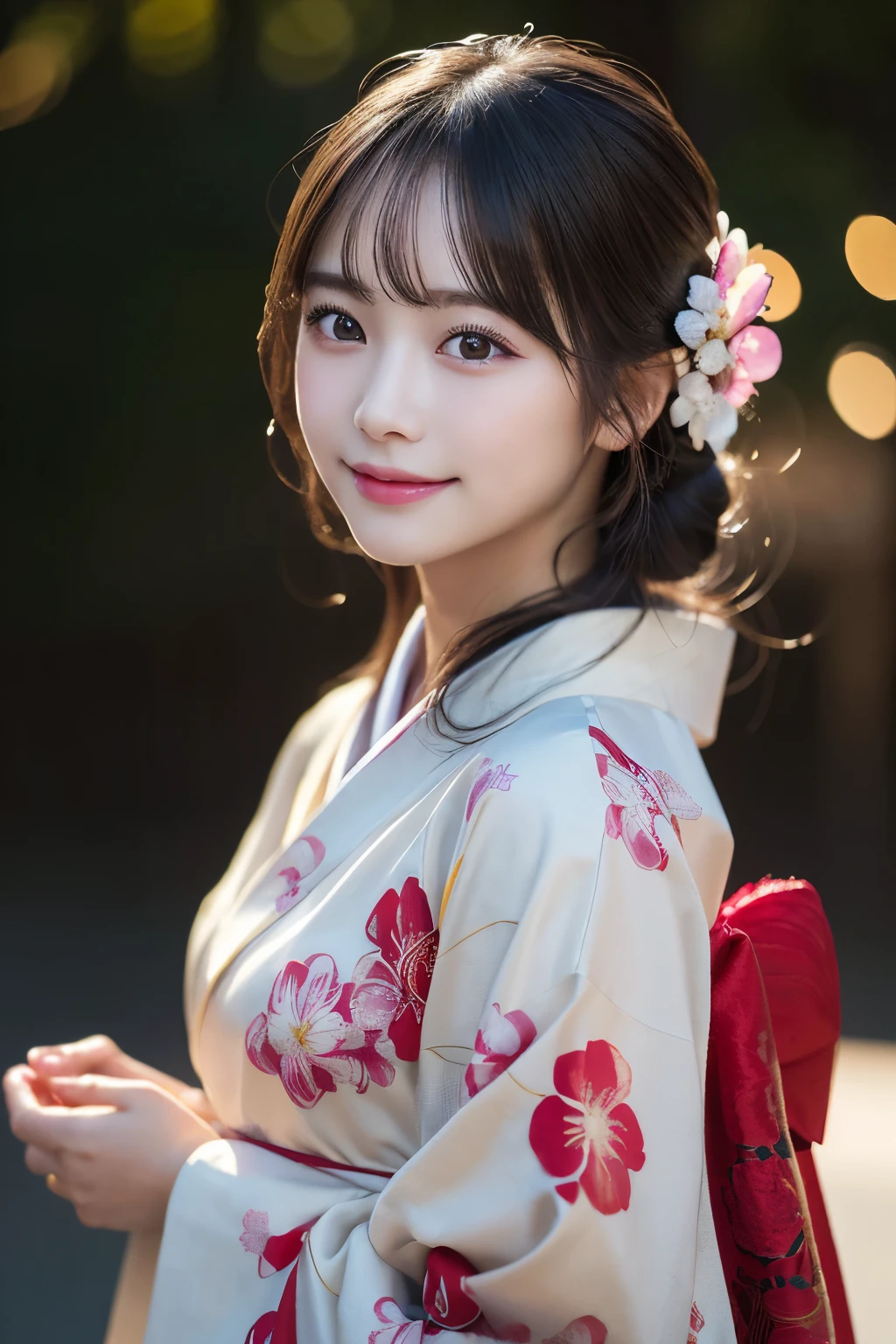 (kimono)、(highest quality、8k、High resolution、masterpiece:1.2)、Very detailed、(Realistic、photoRealistic、photo-Realistic:1.3)、Bokeh、Portraiture、(Natural and detailed eyes、beautiful girl、Young face、Detailed face、No makeup)、Backlight:1.3、Professional Lighting、smile