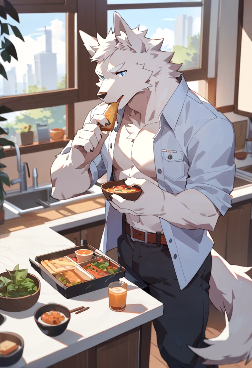 canid, canids, wolf, by zixiong,
solo, anthro, male, (white fur, white body, white eyebrows),
clothed, open topwear, open shirt, white shirt, belt, pants,
blue eyes, humanoid hands, food, eating,
inside, kitchen, window, sunlight, plants,
detailed background, masterpiece, best quality,