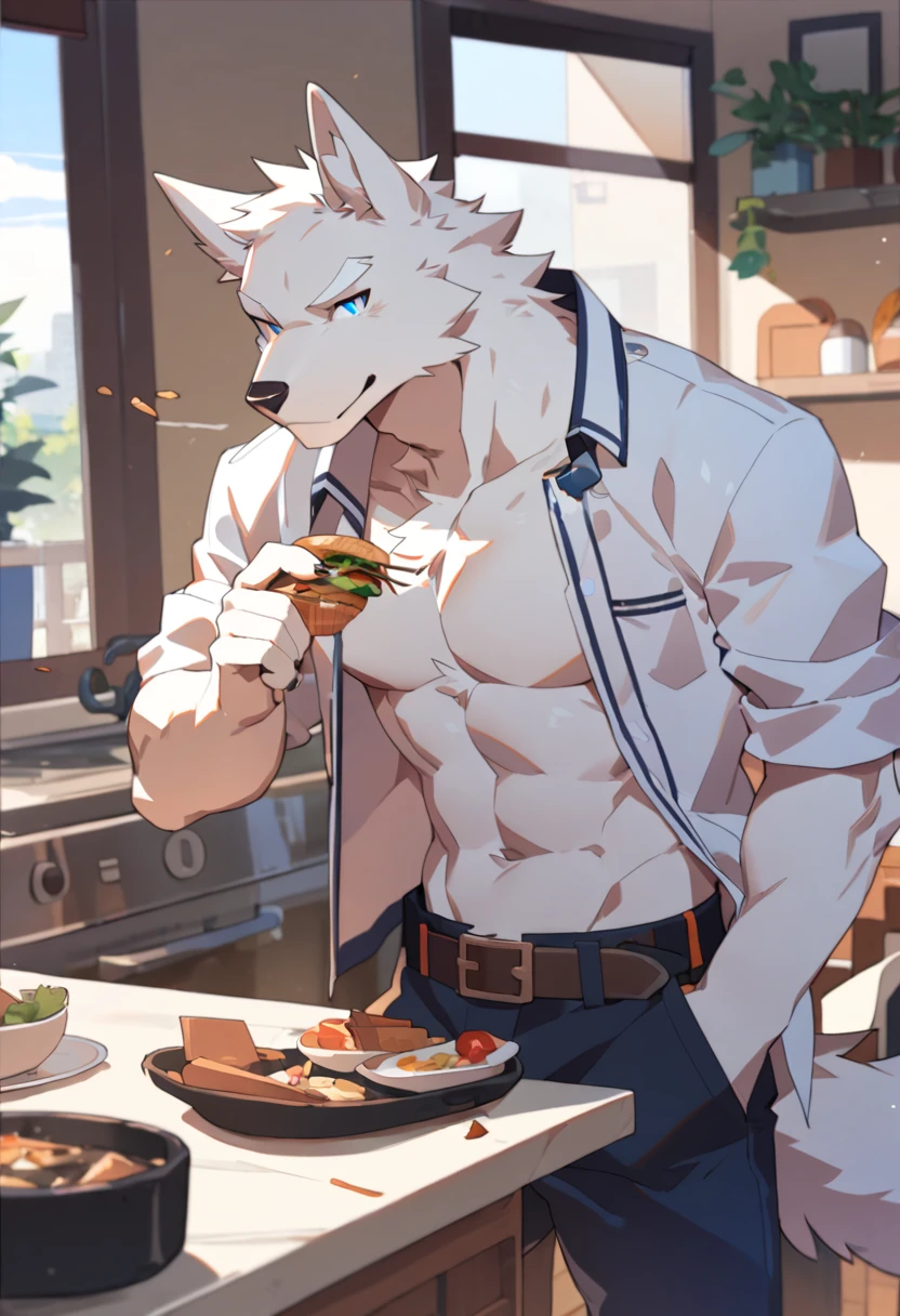 canid, canids, wolf, by zixiong, 
solo, anthro, male, (white fur, white body, white eyebrows),
clothed, open topwear, ??????????, white shirt, belt, pants, 
blue eyes, humanoid hands, food, eating,
inside, kitchen, window, sunlight, plants,
detailed background, masterpiece, best quality,