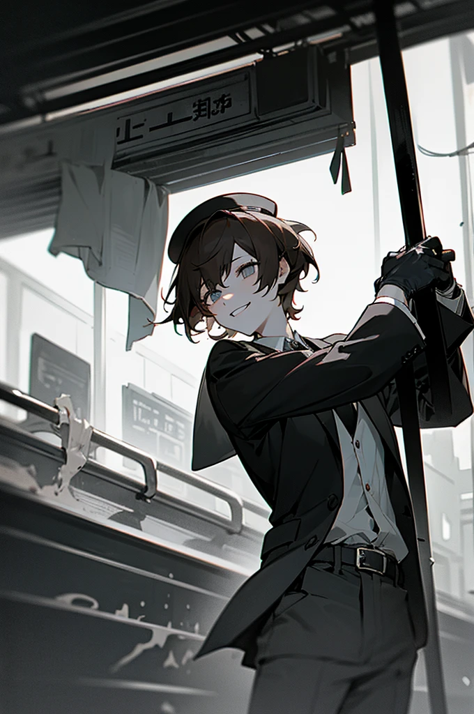 1 person、male、male性、brother、Slender、Short Hair、Messy Hair、Brown Hair、adult、Large、Station staff、(Station staffの帽子:1.5)、Official hat、blazer、tie、pants、belt、gloves、Subway Station、Station platform、kind、Sweet expression、Disturbing smile、Twisted Smile、Dangerous Eyes、No light in my eyes、Shadows around the eyes、hollow、Creepy、mad nsanity、An abnormal、dark、grayscale、High Contrast、darkness、dark、Vigilance、From below