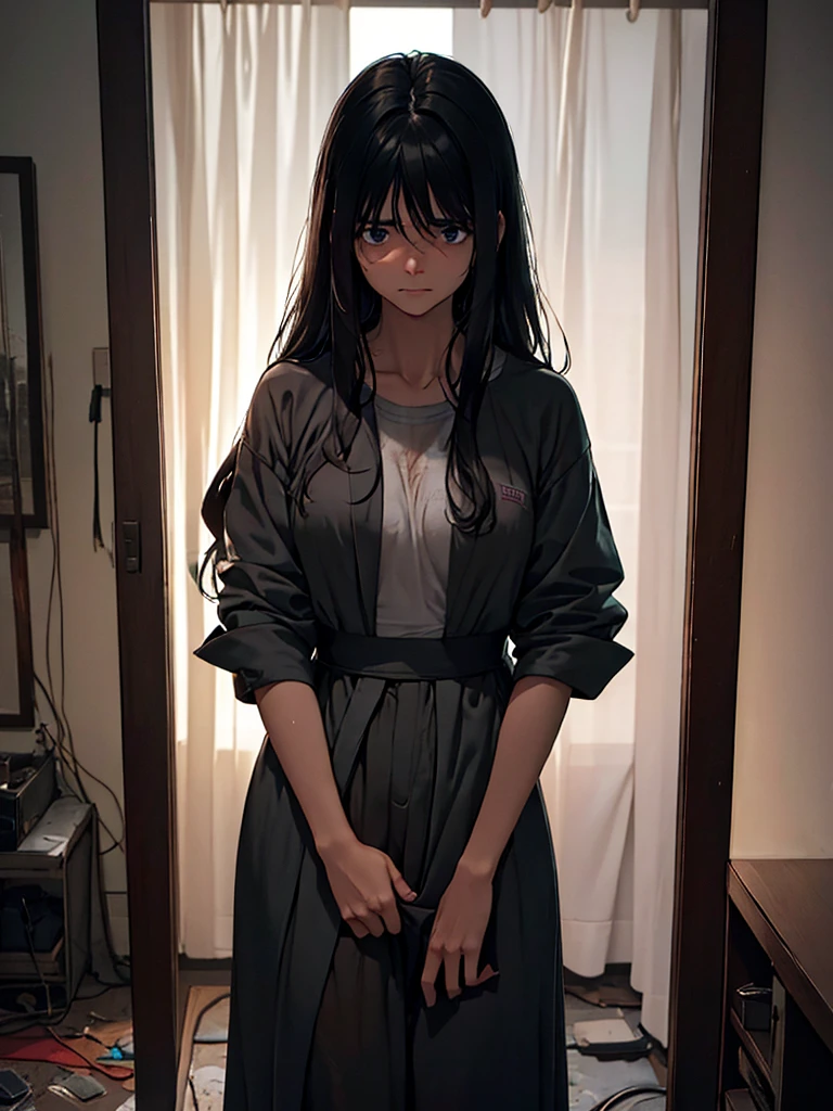 (top-quality、hight resolution), In a dimly lit, intimate room, a woman stands facing a man who saved her life. She is dressed in slightly torn and dirtied clothes, indicating a recent struggle or dangerous situation. Her expression is a mix of resignation and determination as she speaks to the man. Despite the tension in the air, there is a sense of gratitude in her eyes. She acknowledges her debt and reluctantly offers herself to him, ready to repay him however he wishes. The room is simple and shadowy, emphasizing the seriousness of the moment. The man stands nearby, looking at her with a mix of emotions, creating a complex, charged atmosphere. nsfw