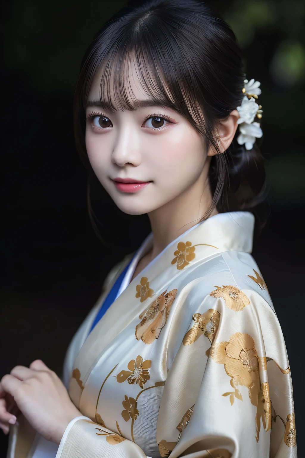 （kimono）、(highest quality、8k、High resolution、masterpiece:1.2)、Very detailed、(Realistic、photoRealistic、photo-Realistic:1.3)、Bokeh、Portraiture、(Natural and detailed eyes、beautiful girl、Young face、Detailed face、No mascara、No makeup)、Backlight:1.2、Professional Lighting、smile