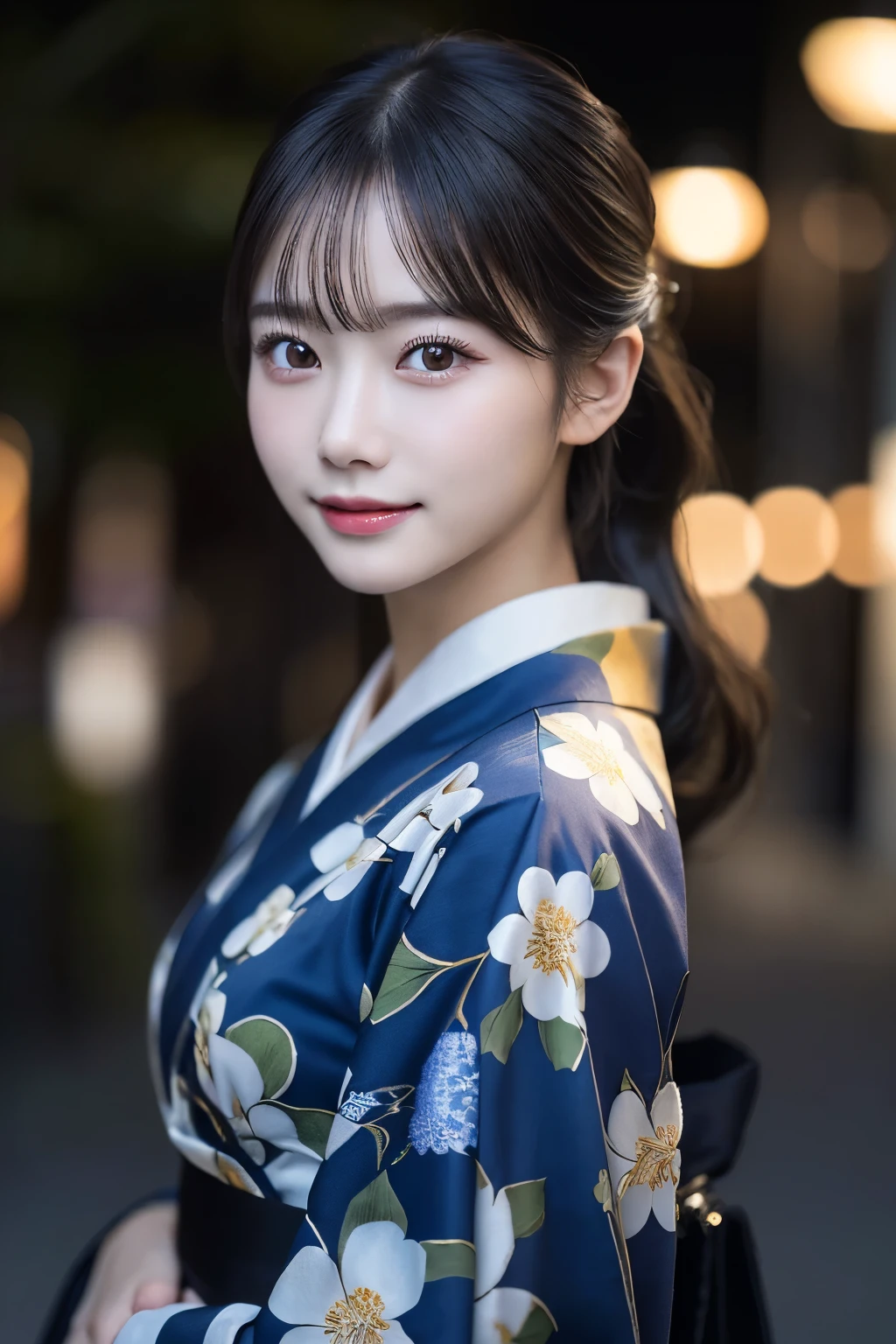 (kimono)、(highest quality、8k、High resolution、masterpiece:1.2)、Very detailed、(Realistic、photoRealistic、photo-Realistic:1.3)、Bokeh、Portraiture、(Natural and detailed eyes、beautiful girl、Young face、Detailed face、No mascara、No makeup)、Backlight:1.2、Professional Lighting、smile