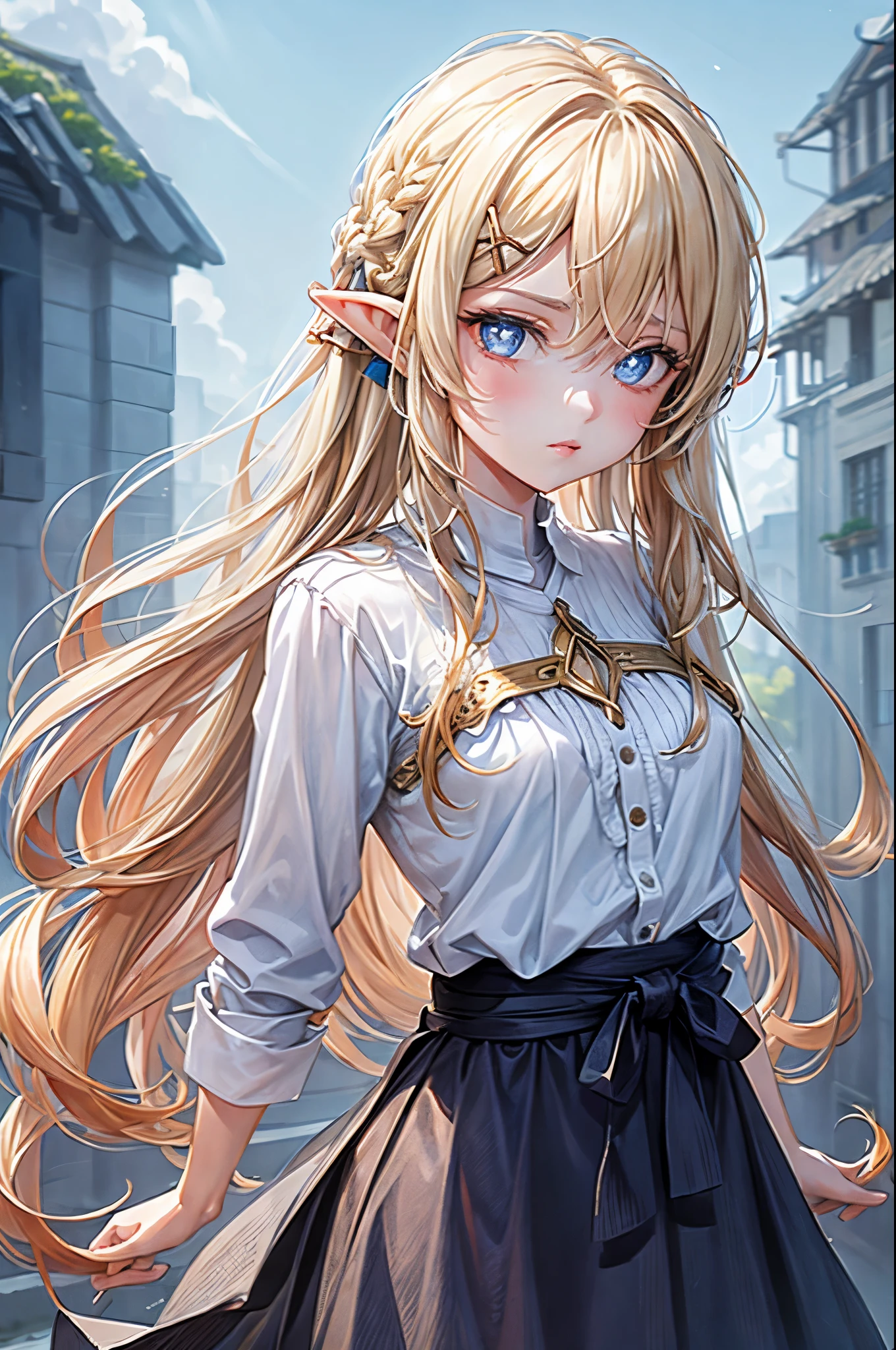 1girl, blonde hair, pointy ears, blue eyes, clothes lift, solo, hair ornament, hairclip, long hair, shirt lift, braid, looking at viewer, lips, lifted by self, horse, upper body, navel, day,white shirt,