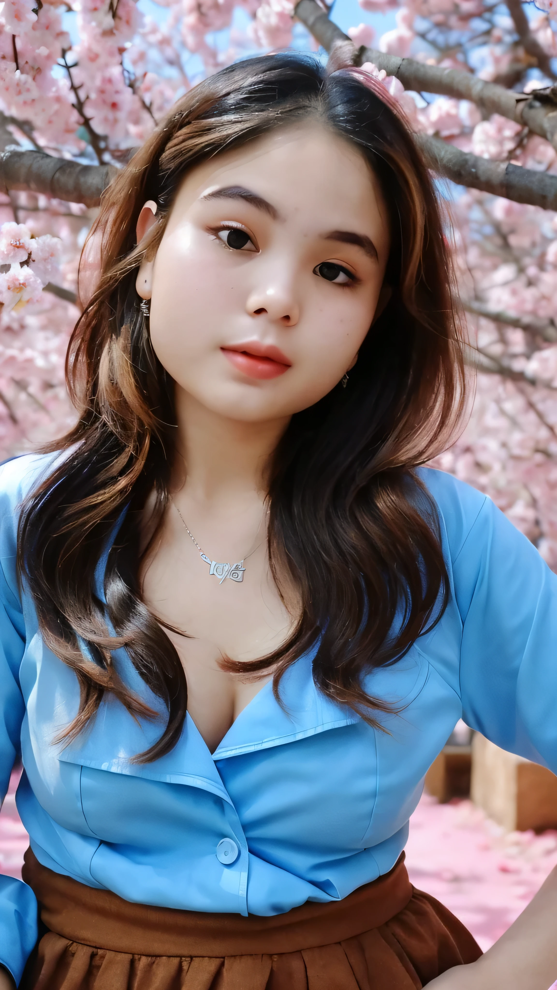 (super highest quality:1.3) (very realistic, Photoreal:1.3), (sharp focus:1.3), (Realistic and very high quality:1.3). (high resolution/High resolution:1.3), very delicate and beautiful, soft light, (brown hair, Shoulder-length straight bob hair sways in the wind), beautiful detailed girl, highly detailed eyes and face, beautifully detailed nose, thin and beautiful eyes, 1 girl, Japanese, Pure beauty, cute, young, (smaller chest), realistic face, realistic body, beautiful thigh, open shirt, mini skirt, cherry blossom background