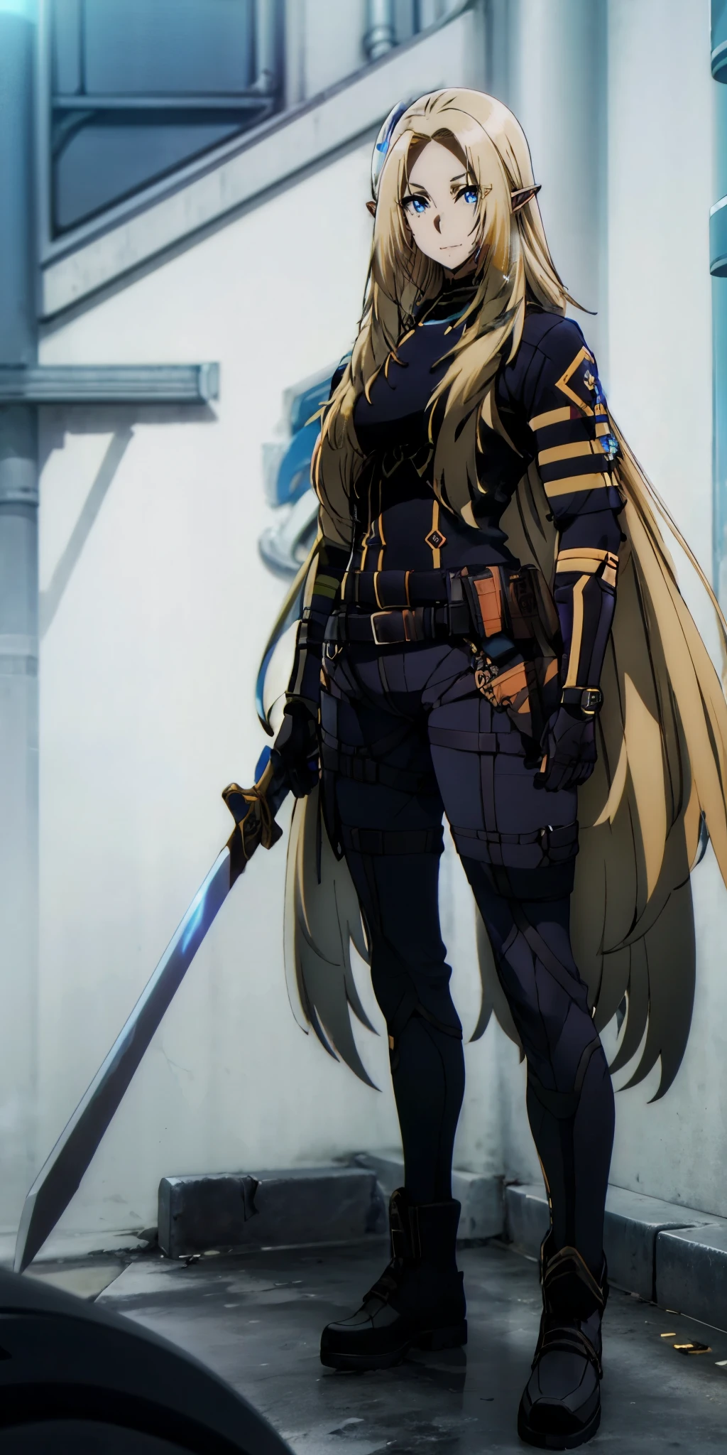 eft_eminence_elf, blonde hair, long hair, pointy ears, blue eyes, anatomically correct, best quality, masterpiece, high quality, high details, highres, HD, (shaded face:1.2), hollow eyes, blue eyes, looking at viewer, heavy breathing, smirk, upper teeth, weapon, solo, gloves, sword, boots, full_body, fingerless_gloves, standing, black_footwear, belt, pants, holding_sword, cyberpunk art, city lights, muscular female, "glow effects, godrays, Hand drawn, render, 8k, octane render, cinema 4d, blender, dark, atmospheric 4k ultra detailed, cinematic, Sharp focus, big depth of field, Masterpiece, colors, 3d octane render, 4k, concept art, trending on artstation, hyperrealistic, Vivid colors, extremely detailed CG unity 8k wallpaper, trending on CGSociety, Intricate, High Detail, dramatic", sweating, steaming body, fog, (shaded face:1.2), hollow eyes, dark-blue eyes, looking at viewer, (heavy breathing:1.2), smirk, upper teeth, lips, nsfw, 