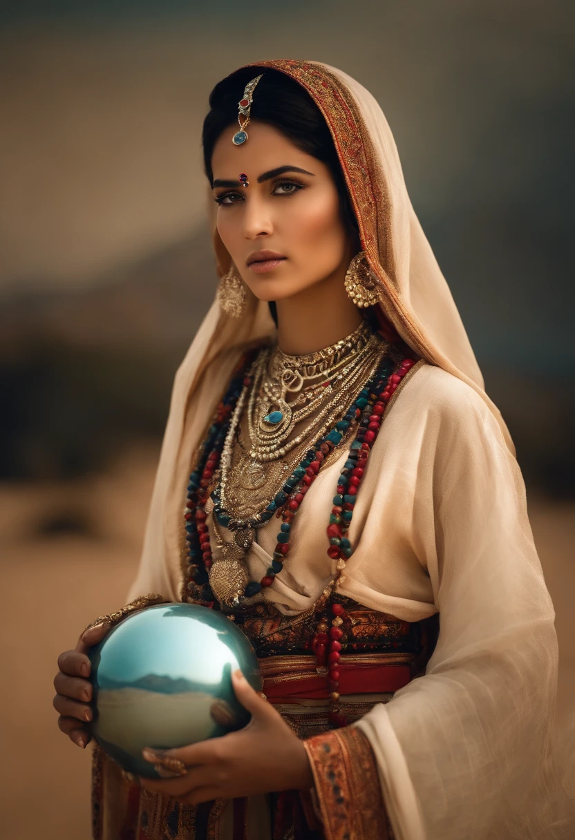Alafi woman in traditional costume holding radio in the desert, a young woman in shamanic costume, a girl holding a sphere, the scenery of the film Silk Road, beautiful youth, portrait shot, ancient princess Lieb, the vanishing line of the desert is below the woman's waist, the sky is clear and transparent.