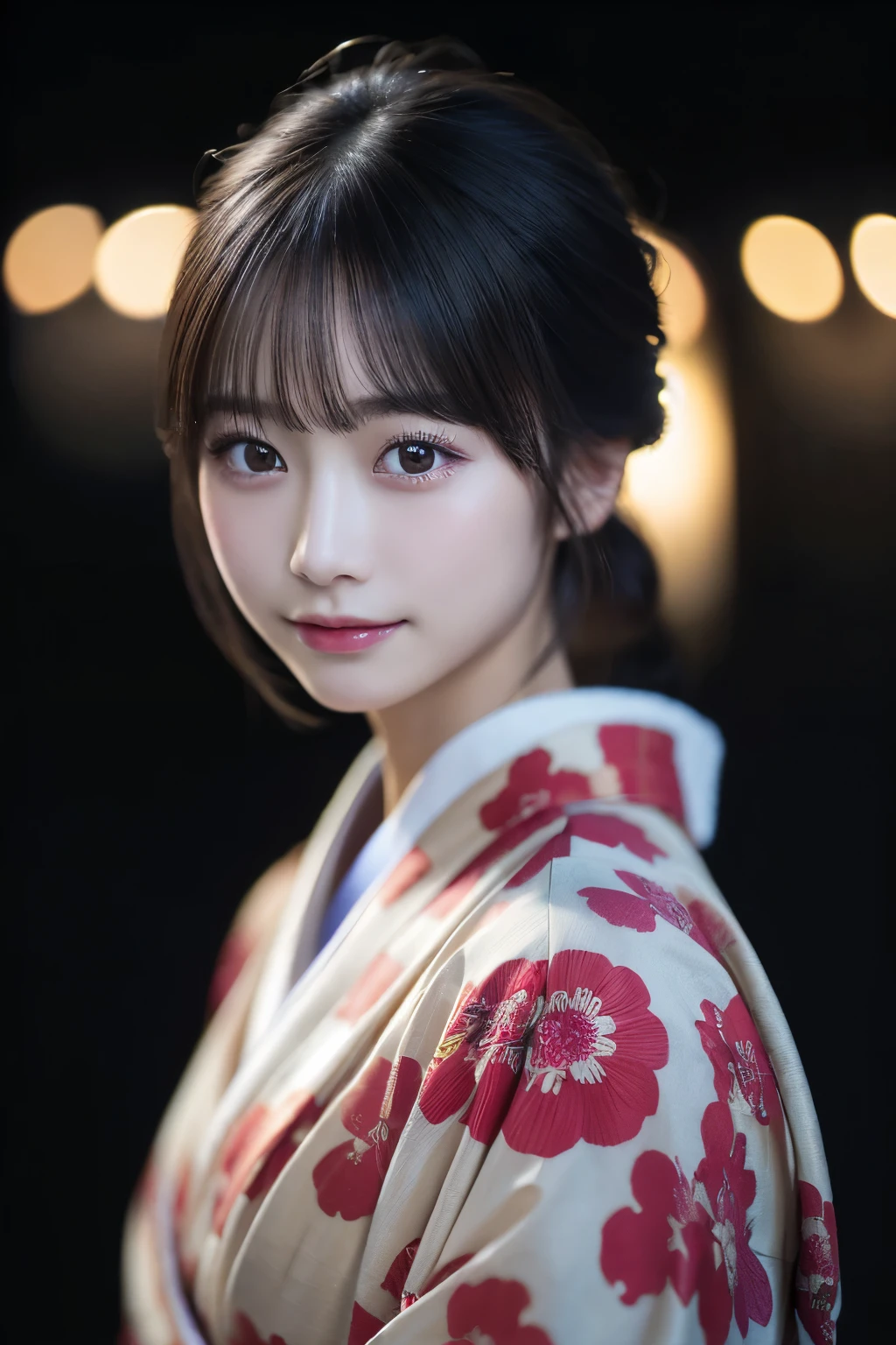 （kimono）、(highest quality、8k、High resolution、masterpiece:1.2)、Very detailed、(Realistic、photoRealistic、photo-Realistic:1.3)、Bokeh、Portraiture、(Natural and detailed eyes、beautiful girl、Young face、Detailed face、No mascara、No makeup)、Backlight:1.2、Professional Lighting、smile