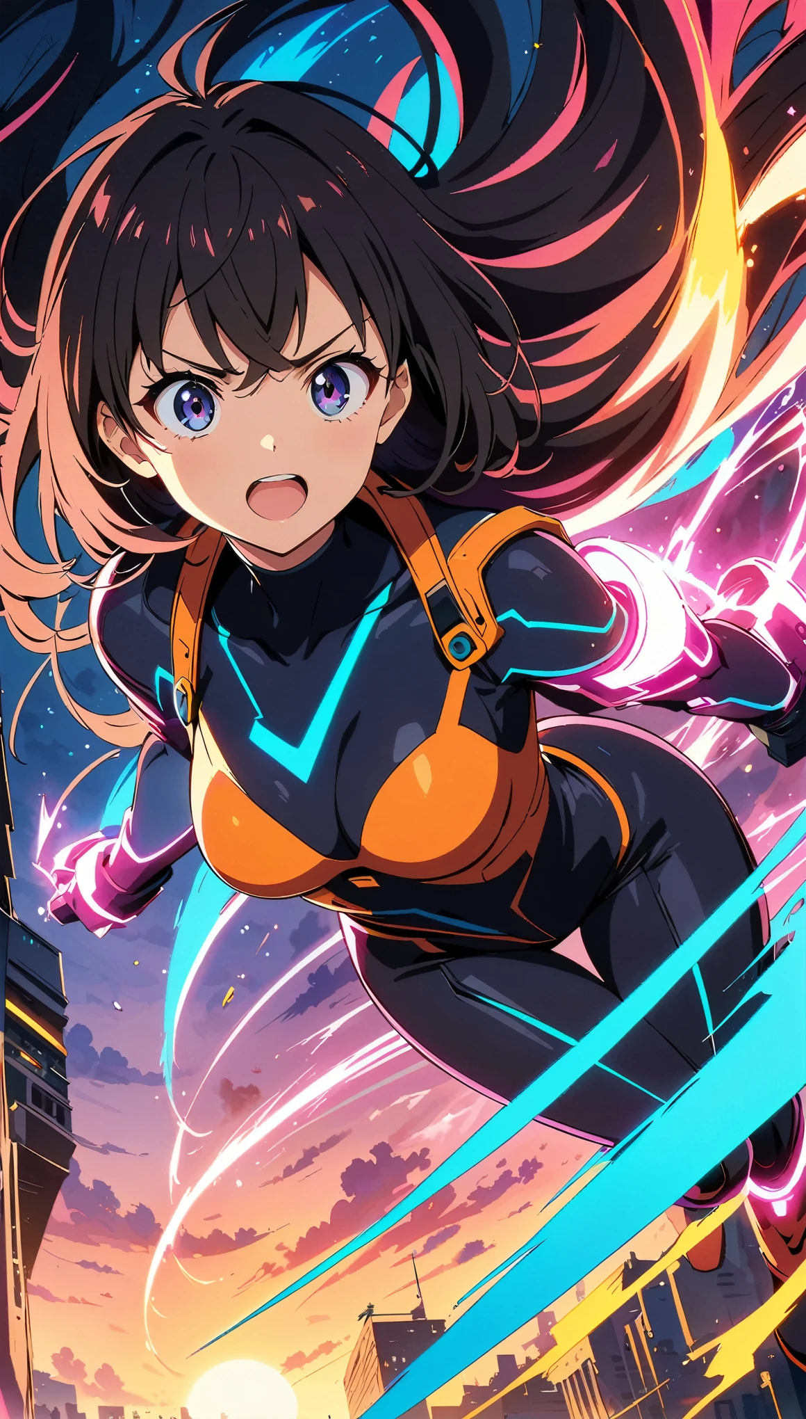 (Anime artwork, Anime Style, Studio Anime, Very detailed, Latest, Vibrant, Anime Coloring, High Contrast, masterpiece:1.2, highest quality, Best aesthetics), Anime girl in cyber bodysuit and goggles standing in front of a building, ((Digital Cyberpunk - Anime Art)), Cyber , Cyberpunk anime art, Portraiture:Anime Space Cadet, Jumping, long flowing hair, Eyes of Determination, Powerful strokes, Excited state, Detailed Weapons, strength, Impact, Energy Effects, Cool action scenes, Effect Light,