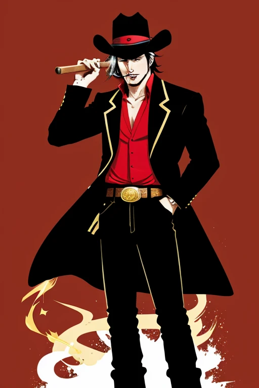 Can you generate the image of a western cowboy? Around the age of 30, black and red hat, black, gold and red outfit, gold and black revolver with a smoking cigar on his mouth. Similar to the style of the Bleach manga series, created by Tite Kubo