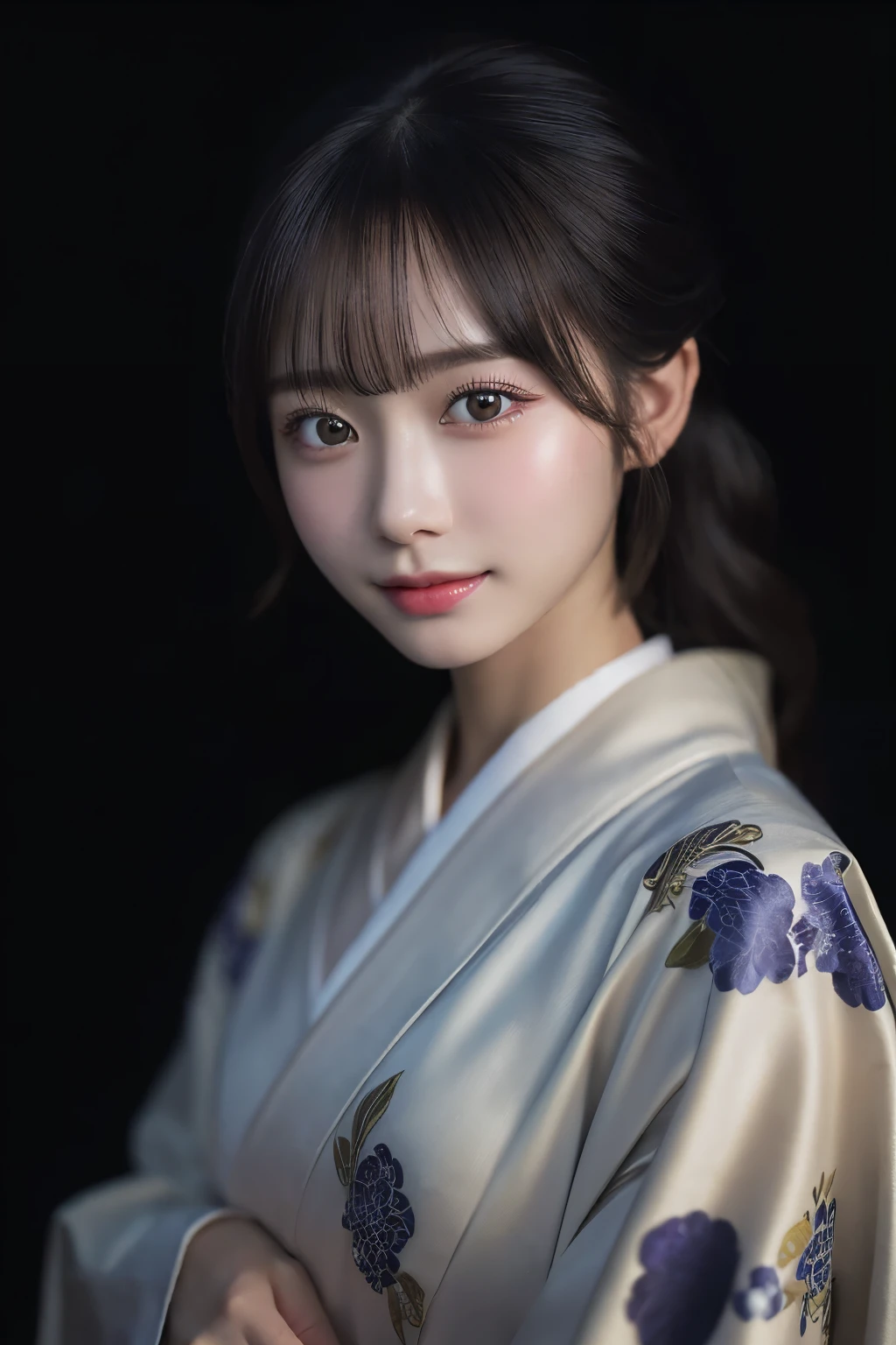 (kimono)、(highest quality、8k、High resolution、masterpiece:1.2)、Very detailed、(Realistic、photoRealistic、photo-Realistic:1.3)、Bokeh、Portraiture、(Natural and detailed eyes、beautiful girl、Young face、Detailed face、No mascara、No makeup)、Backlight:1.2、Professional Lighting、smile