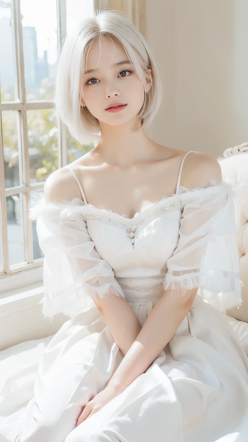 ((highest quality:1.3、8k、masterpiece))、One Girl、Detailed face 1:2、Cute Face、Fine grain、Laughter、Beautiful woman、Lesbians all over、Angelicales、Angel、White Skirt、White top、feather、Gentle light、Light background、Great background、White gold hair、Are standing
