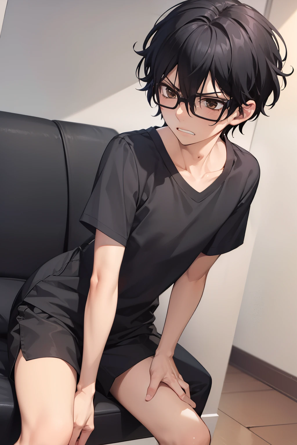 masterpiece, best quality, wallpaper,angry expression,visible teeth, looking away,1boy, solo, depth of field, momo_sakaki, black hair, brown eyes, hair between eyes, black shirt, Short sleeves shirt,black shorts, glasses, 16k resolution