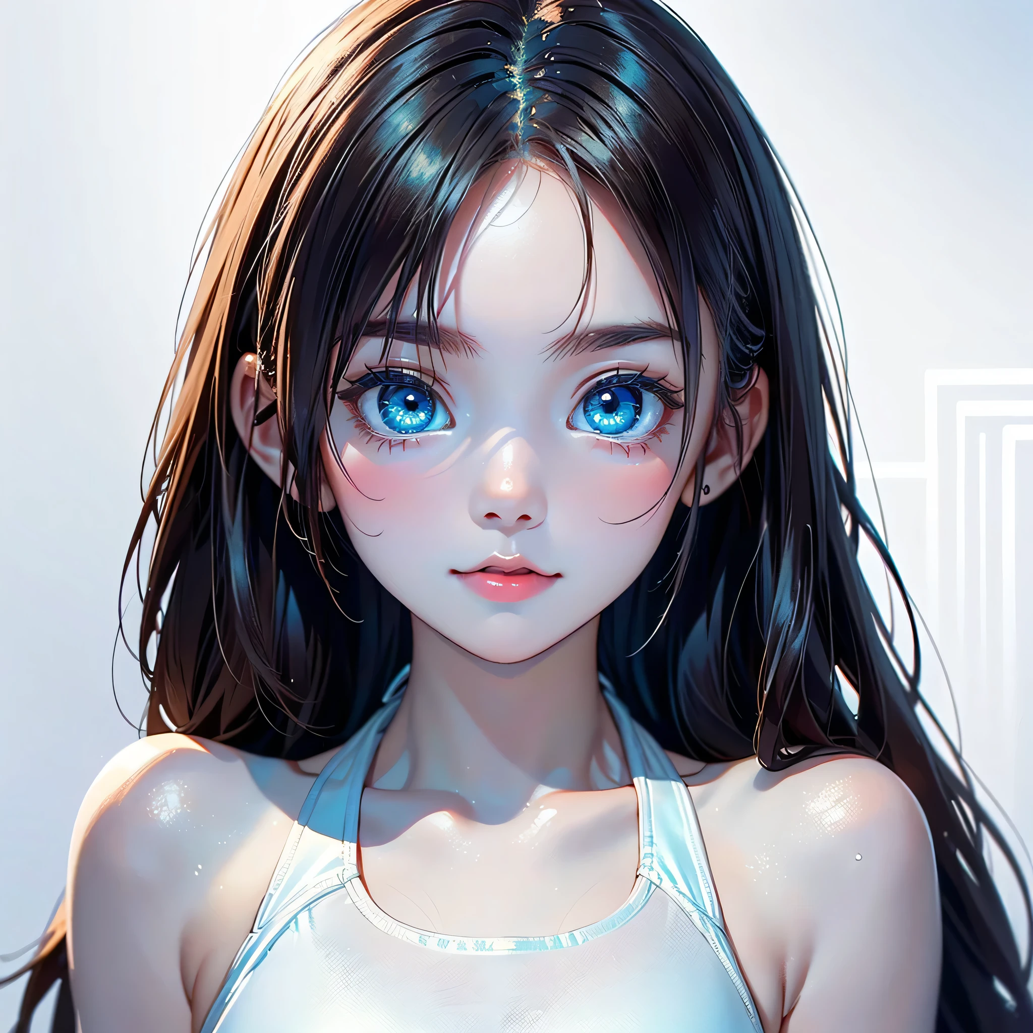 (((masterpiece))),((highest quality)),One beautiful girl,Short Hair,(Long Hair:1.5),(((Big eyes))),15 years old,(Symmetrical eyes:1.3), (Get closer to the face, Zoom in on face:1.0),((Face close-up)),(White swimsuit, bikini:1.5),Body facing forward, Beautiful digital artwork, Beautiful fantasy art,(The background is plain:1.5),