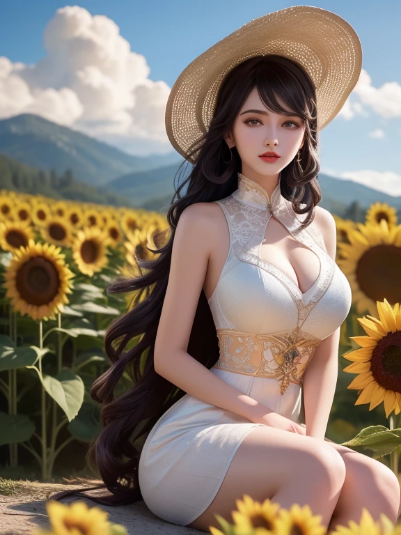 high quality digital art, Happy, red lips, long Black Hair, Long wavy hair, Bangs, straight Bangs, Brown eyes, White skin, Red nails, Perfect face, Flawless, Clean, masterpiece, (((sharp))) ((focus)) (Instagram) (8K) masterpiece, Very beautiful dress, Detailed tracking, pink accents, number, external, sunflower field, Rich lighting details, light, high quality, a number masterpiece, best quality, Very high resolution, Mountains, Windy day, sunflower petals, straw hat, Cloudy sky, sun, Wind, sunflowers, Detailed background, Large area, Rustic feel, Intricate details, glow, shiny hair, Black Hair, Loose hair, skin shiny, Dynamic atmosphere, Windblown hair, A girl,whole body, Black Hair,Rabbit ears，Short skirt，Nothing under the skirt，Sitting，Nice butt，Beautiful buttocks