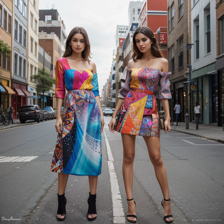 Two stunning models wearing vibrant, abstract printed dresses stand confidently on a city street.
