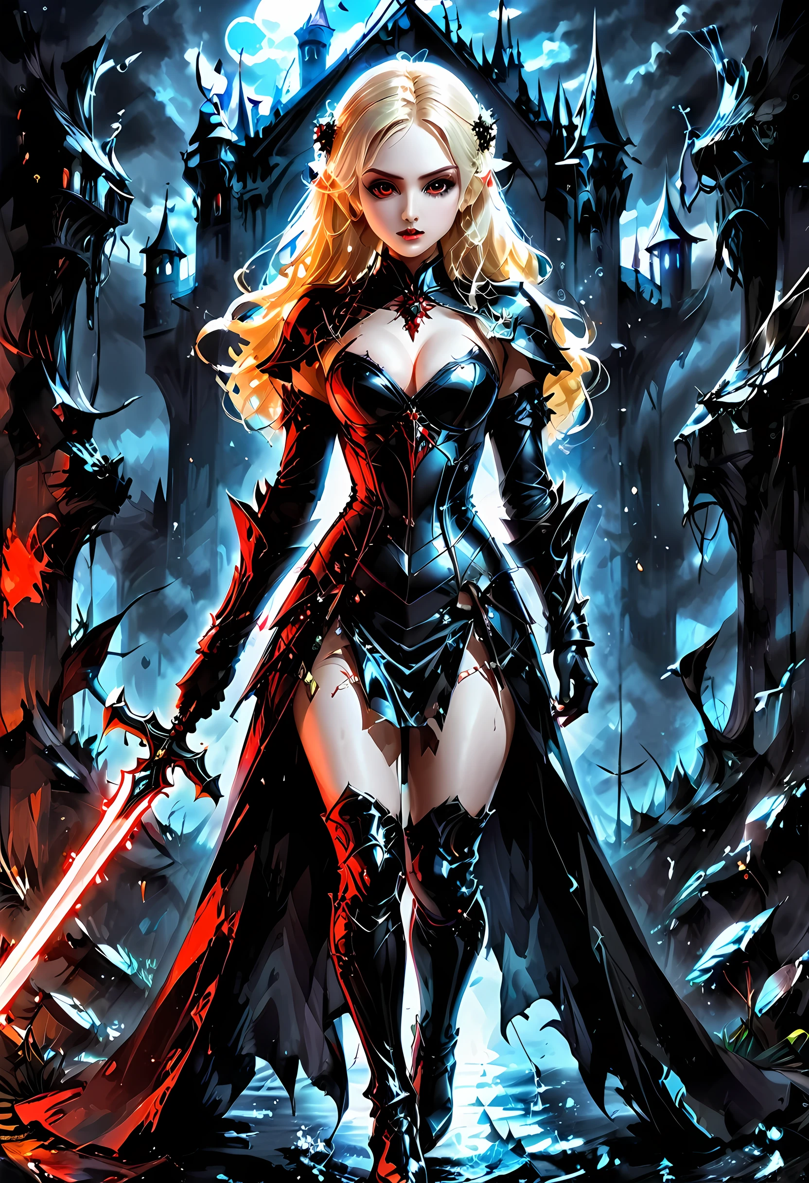 Dark fantasy art, fantasy art, goth art,  a picture of a female vampire, exquisite beauty, full body shot, dark glamour shot,  pale white skin, blond hair, long hair, wavy hair, (glowing grey: 1.3) eyes,  she  wears a (red: 1.3) red thigh suit, ArmoredDress, she holds a sword in hand, , the roses are imprinted on the suit (black: 1.4)  black roses, high heels, dark castle, dark, black and color, Dark Art Painting Style, flower dress, betmd
