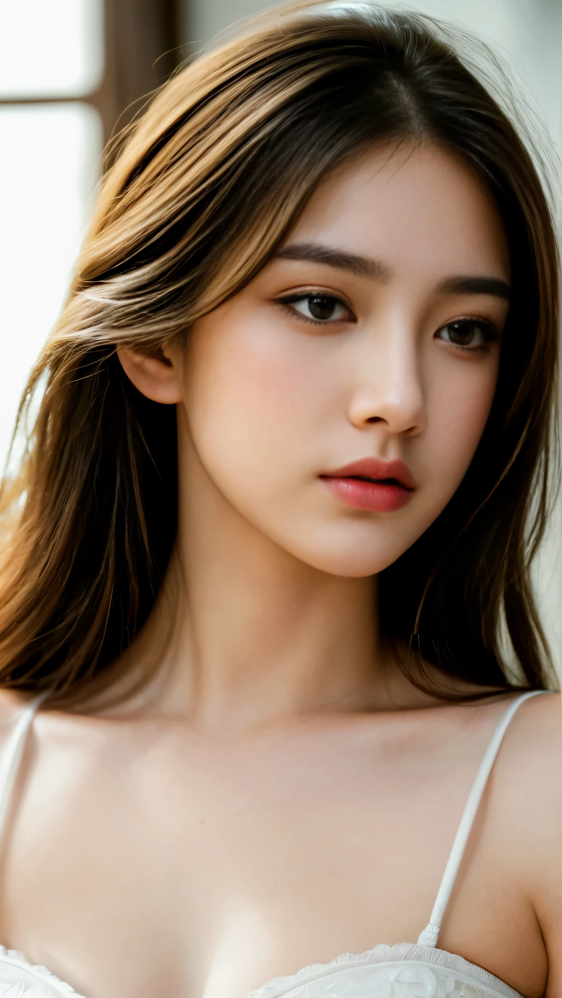 a masterpiece, award winning photography, ultra detailed, photorealistic, realistic, 8k, highly detailed, cinematic lighting, dramatic lighting, high quality, sharp focus, intricate details, beautiful detailed eyes, beautiful detailed lips, extremely detailed face, long eyelashes, elegant woman, white dress, serene expression, natural lighting, soft colors, warm tones, cinematic composition, dramatic pose