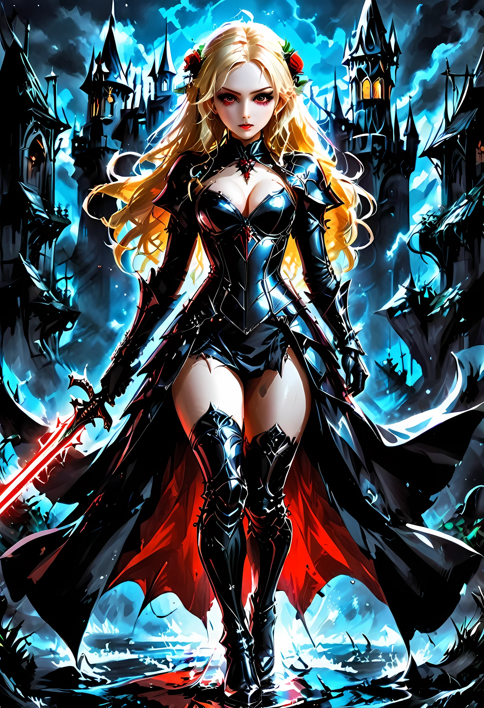 Dark fantasy art, fantasy art, goth art, a picture of a female vampire, exquisite beauty, full body shot, dark glamour shot, pale white skin, blond hair, long hair, wavy hair, (glowing grey: 1.3) eyes, she wears a (red: 1.3) red thigh suit, ArmoredDress, she holds a sword in hand, , the roses are imprinted on the suit (black: 1.4) black roses, high heels, dark castle, dark, black and color, Dark Art Painting Style, flower dress, betmd