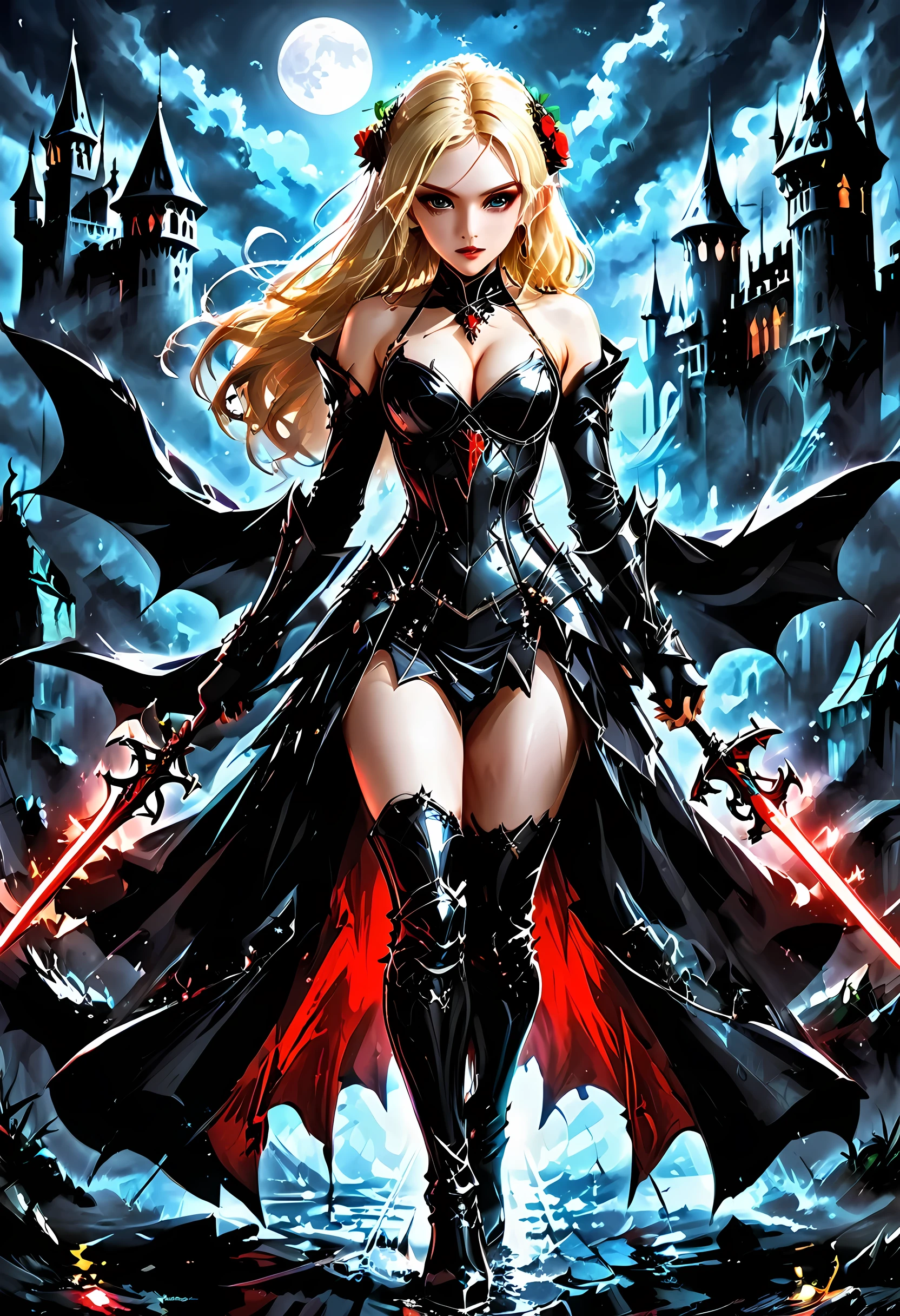 Dark fantasy art, fantasy art, goth art,  a picture of a female vampire, exquisite beauty, full body shot, dark glamour shot,  pale white skin, blond hair, long hair, wavy hair, (glowing grey: 1.3) eyes,  she  wears a (red: 1.3) red thigh suit, ArmoredDress, she holds a sword in hand, , the roses are imprinted on the suit (black: 1.4)  black roses, high heels, dark castle, dark, black and color, Dark Art Painting Style, flower dress, betmd
