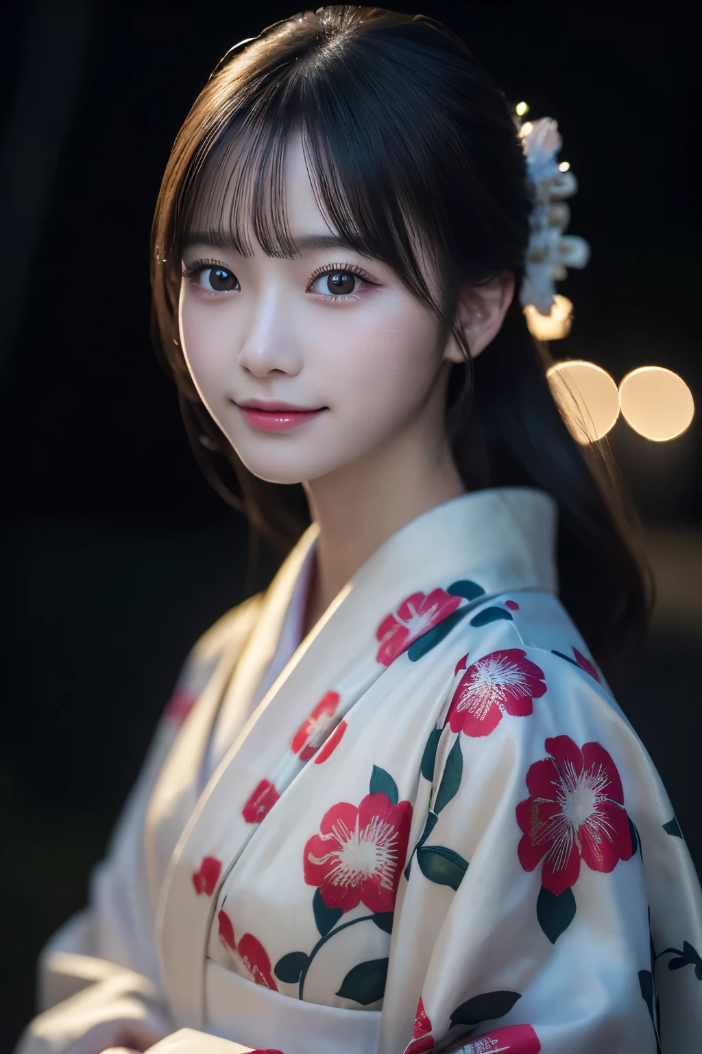 （kimono）、(highest quality、8k、High resolution、masterpiece:1.2)、Very detailed、(Realistic、photoRealistic、photo-Realistic:1.3)、Bokeh、Portraiture、(Natural and detailed eyes、beautiful girl、Young face、Detailed face、No mascara、No makeup)、Backlight:1.2、Professional Lighting、smile