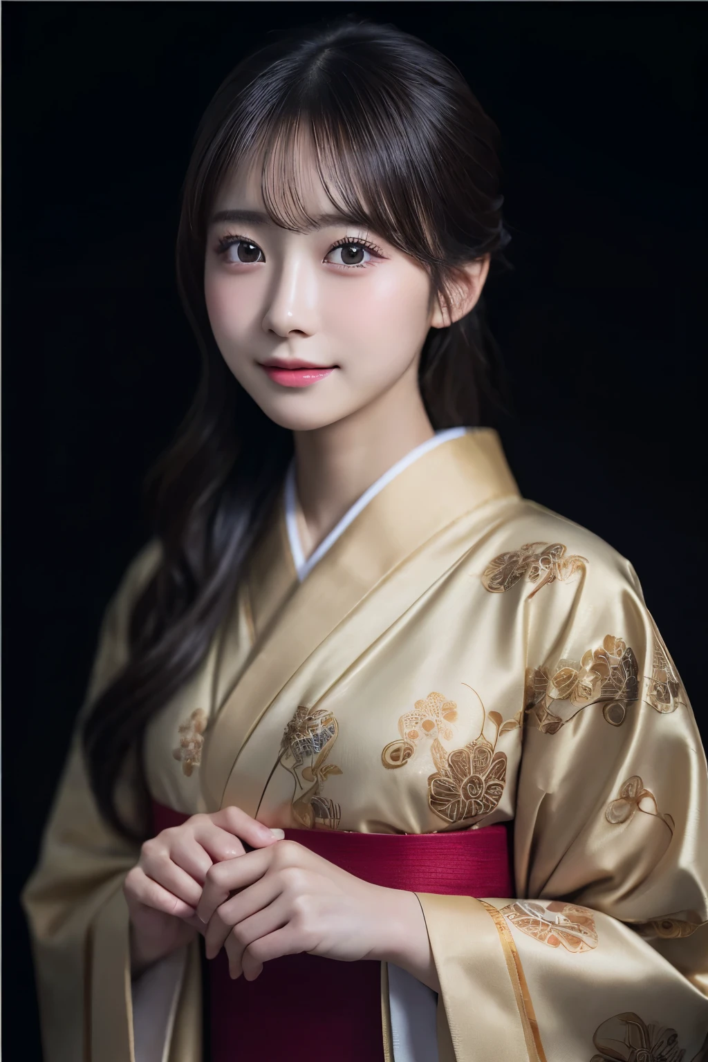 (kimono)、(highest quality、8k、High resolution、masterpiece:1.2)、Very detailed、(Realistic、photoRealistic、photo-Realistic:1.3)、Bokeh、Portraiture、(Natural and detailed eyes、beautiful girl、Young face、Detailed face、No mascara、No makeup)、Backlight:1.2、Professional Lighting、smile