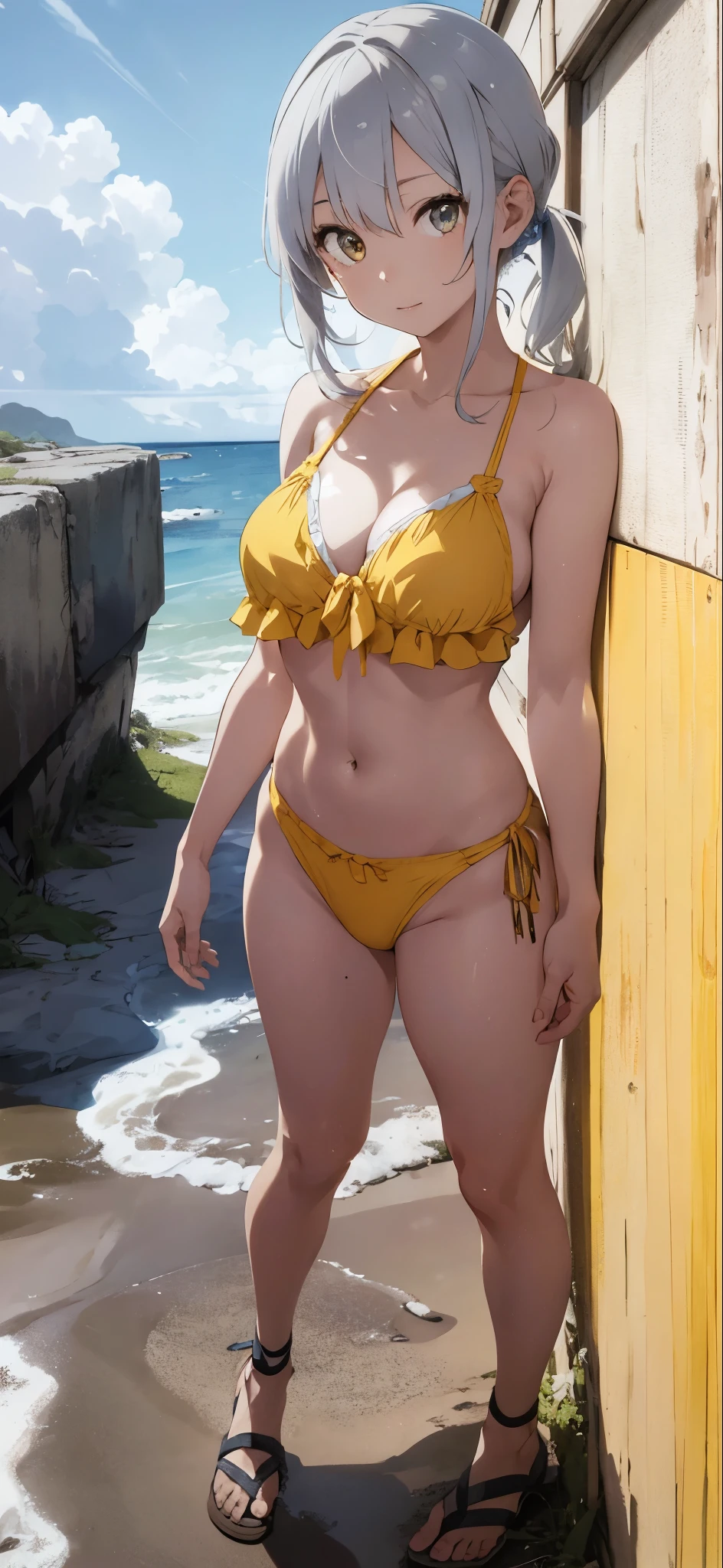 Silver-haired girl drawn in high resolution Japanese anime style、whole body、Women in yellow bikinis taking photos on a deserted beach, Bikini Model, , A young and cute gravure idol, Posing together in bras, Russian and Japanese mix, sakimichan, Asian woman, Wear a swimsuit, that'that'that'that'that'that'that'that'that'that'that'It's hot with the shining sun, Japanese Model, Cute Core, sakimichan hdri, Young Gravure Idol, Chubby