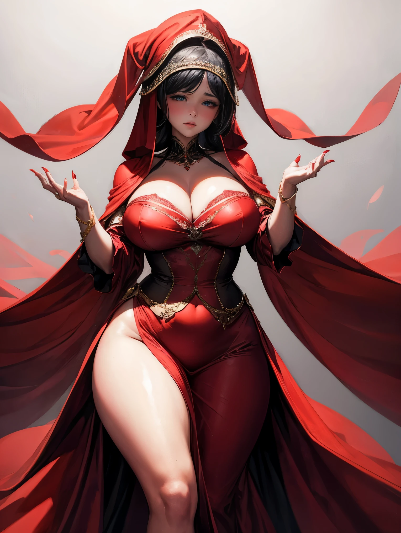 An elegant chubby woman, wearing a red veil covering her eyes, places her fingers on her lips, symbolizing silence. Her nails were long and painted bright red. The background is solid black