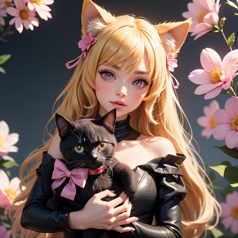 1girl, naked, animal ears, purple eyes, yellow hair, wings, solo, long hair, blush, cat ears, flowers, looking at viewer, braids, bows, dresses, pink flowers, bows, hair accessories, bangs, cats, hair flower, animal ear hair, holding, virtual youtuber, blue bow, holding animal, catwoman, stuffed toy